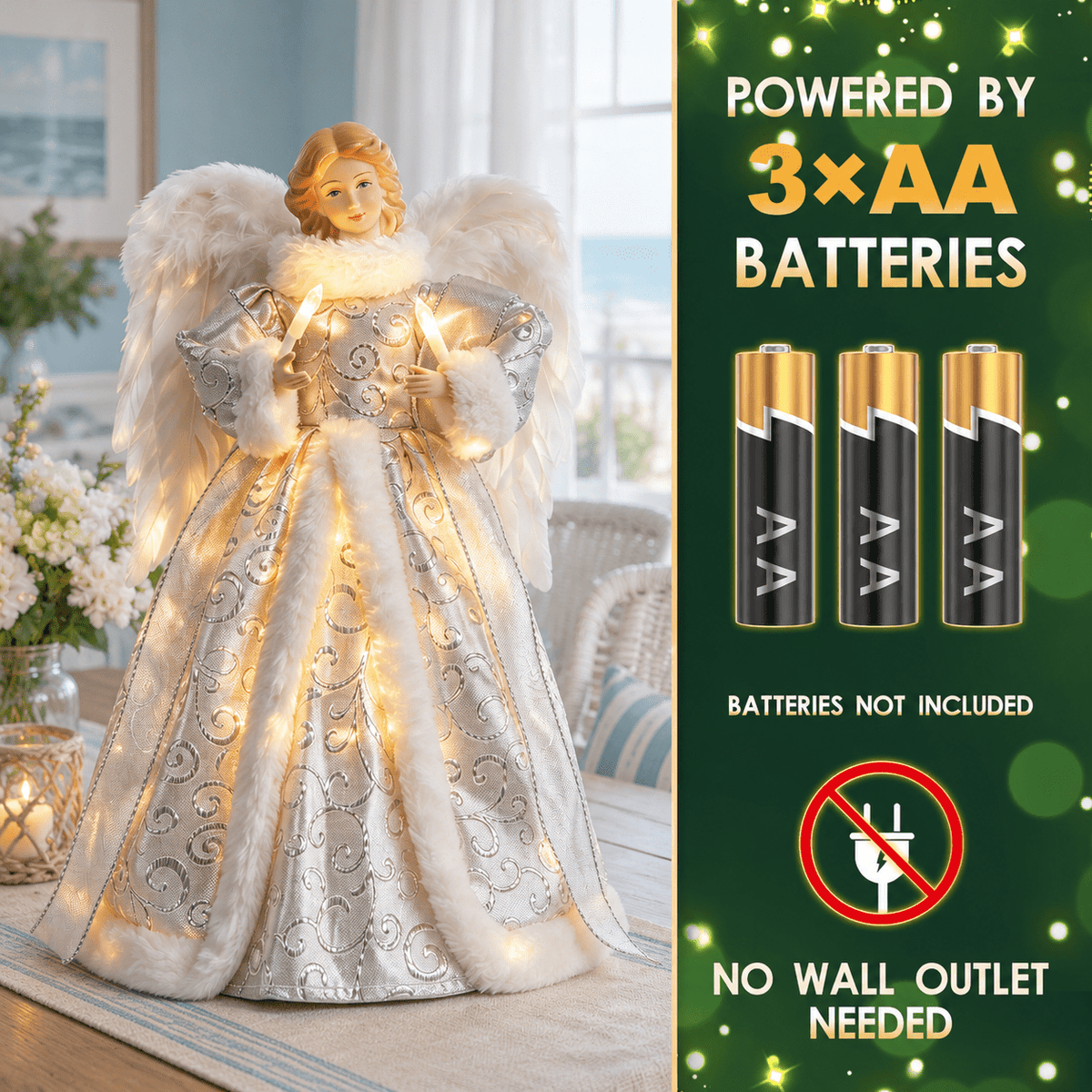 12 Inch Lighted Angel Christmas Tree Topper, Elegant Holiday Decor with Warm Lights
