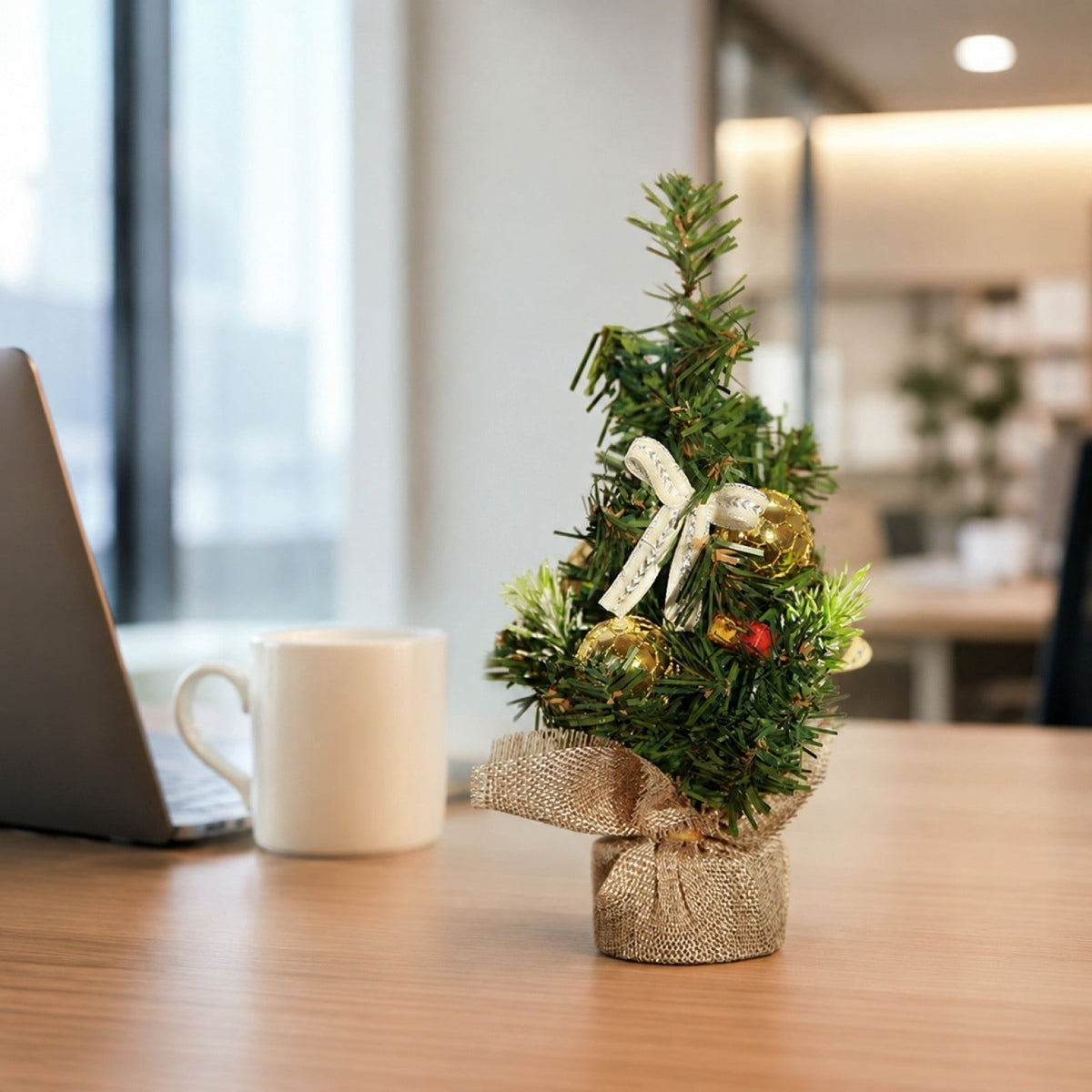 Surpdew Mini Christmas Tree Table Top Decorations- 9" Artificial Small Pine Trees with Burlap Base on Desktop, Shelves, Bedroom, Miniature Scenes Xmas for Home, Office, Party Decor