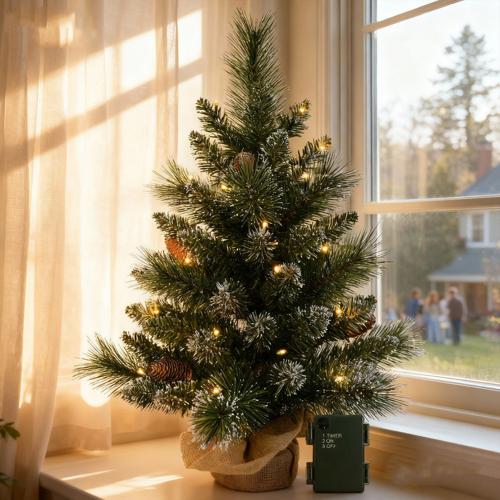 Bringstar 2FT Pre-Lit Artificial Mini Christmas Tree, Snow Tipped Tabletop Xmas Tree with 35 LED Lights, Pine Cones & Burlap Base