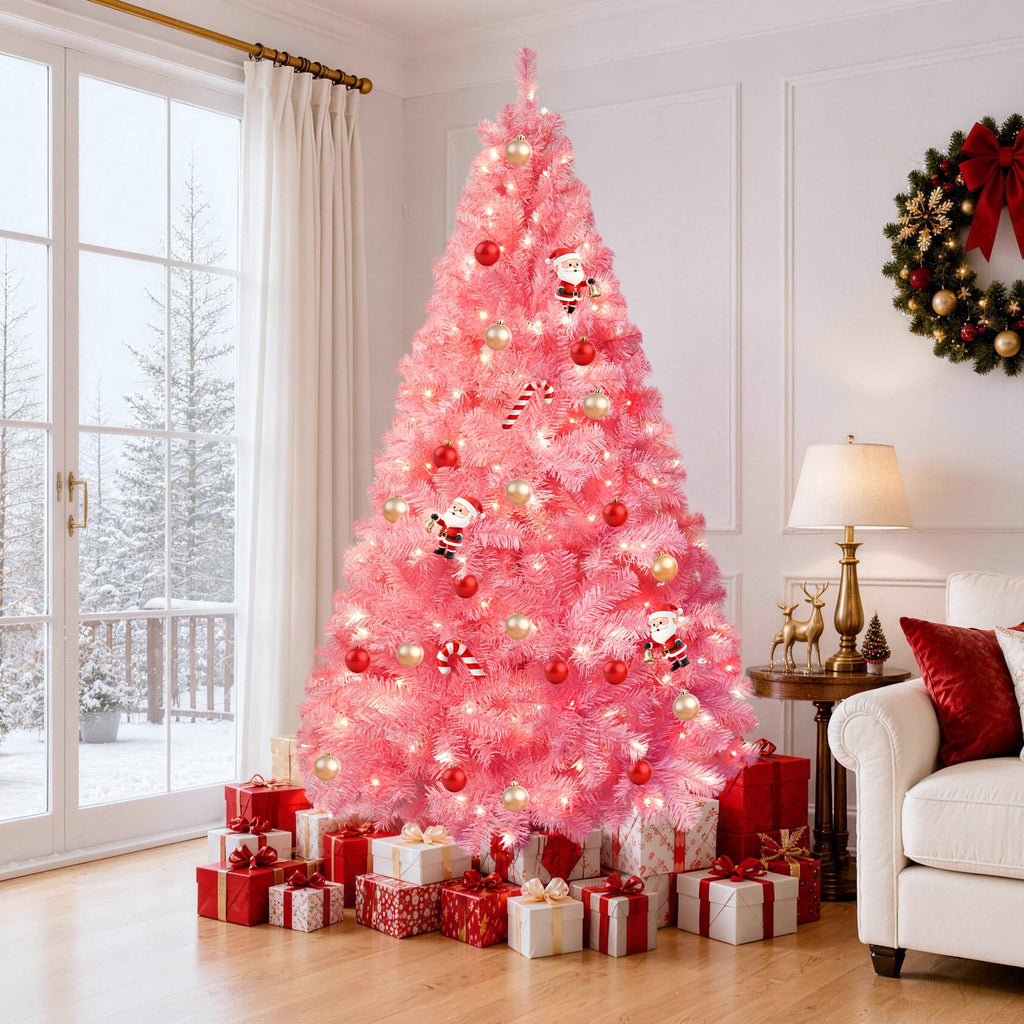 Yexmas 6ft Pre-Lit Pink Christmas Tree,Artificial Christmas Tree with 1000 PVC Branches,300 Multicolor Lights,Metal Hinges,Xmas Tree for Home,Holiday Party Decorations