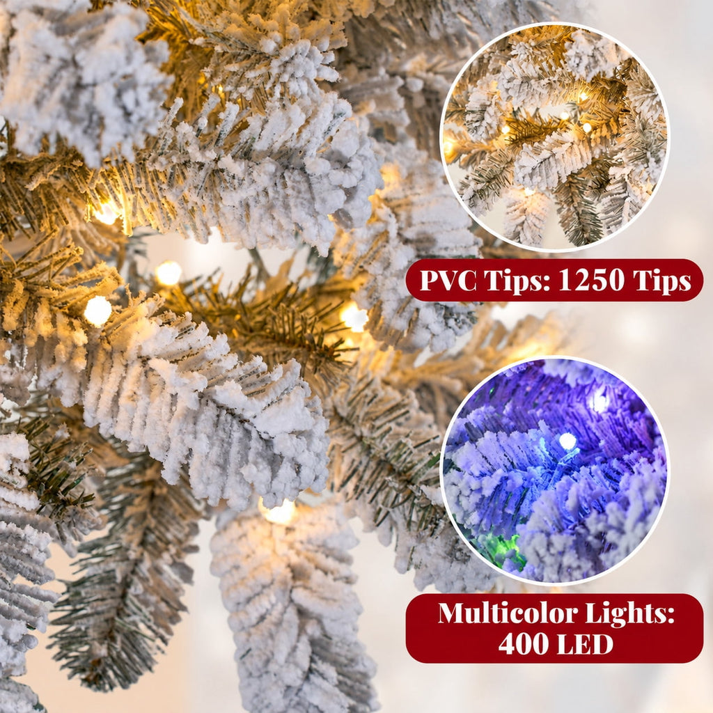 Goosiay 6ft Snow Flocked Pencil Christmas Tree, Pre-Lit Artificial Christmas Tree with 500 Tips, 250 Warm White & Multicolor Lights, 10 Modes, Slim Xmas Tree with Stand