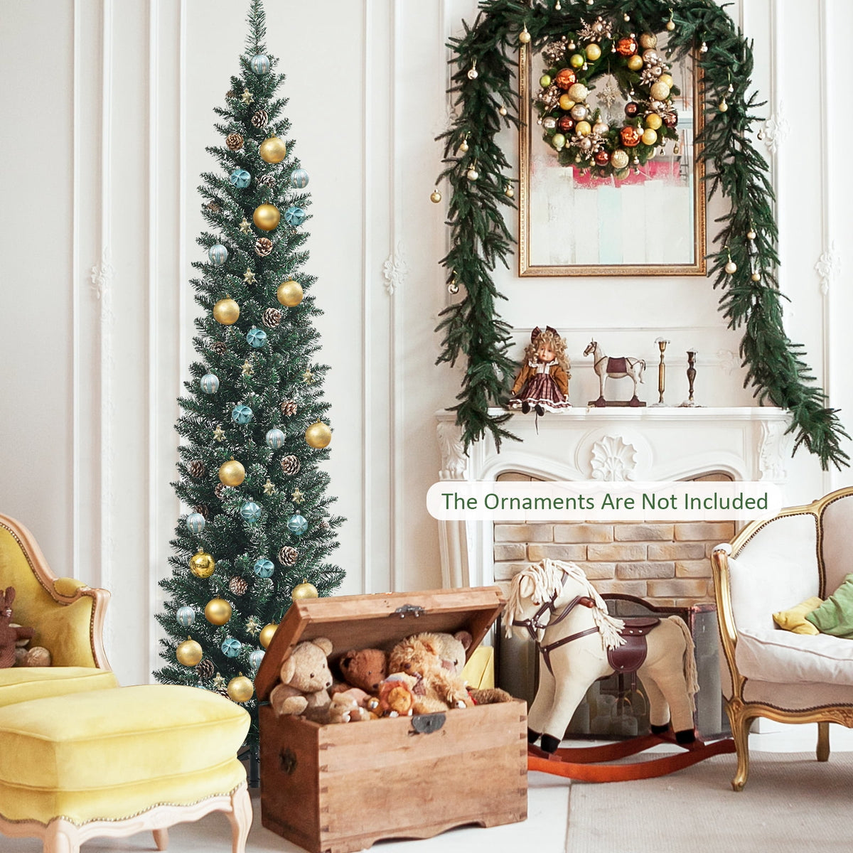 Topbuy 5FT Slim Pencil Tree Snowy Artificial Christmas Tree with 214 PVC Branch Tips & 25 Pine Cones Full Holiday Decoration Tree for Xmas