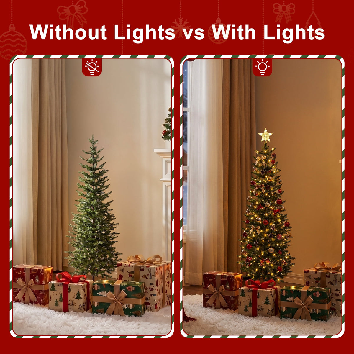 DR.Planzen 6ft Prelit Pencil Christmas Tree with 150 Warm White LED Lights, 1571 PE Branch Tips, Iron Base, Slim Artificial Christmas Tree for Apartment, Entryway, Corner, Office