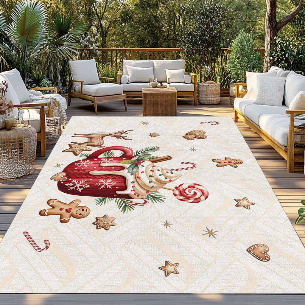 Christmas Outdoor Rug for Patio/Deck/Porch, Non-Slip Large Area Rug 6 x 9 Ft, Xmas Deer Ice Cream Cookies Candy Pine Needles Indoor Outdoor Rugs Washable Area Rugs, Camping Rug Carpet Runner