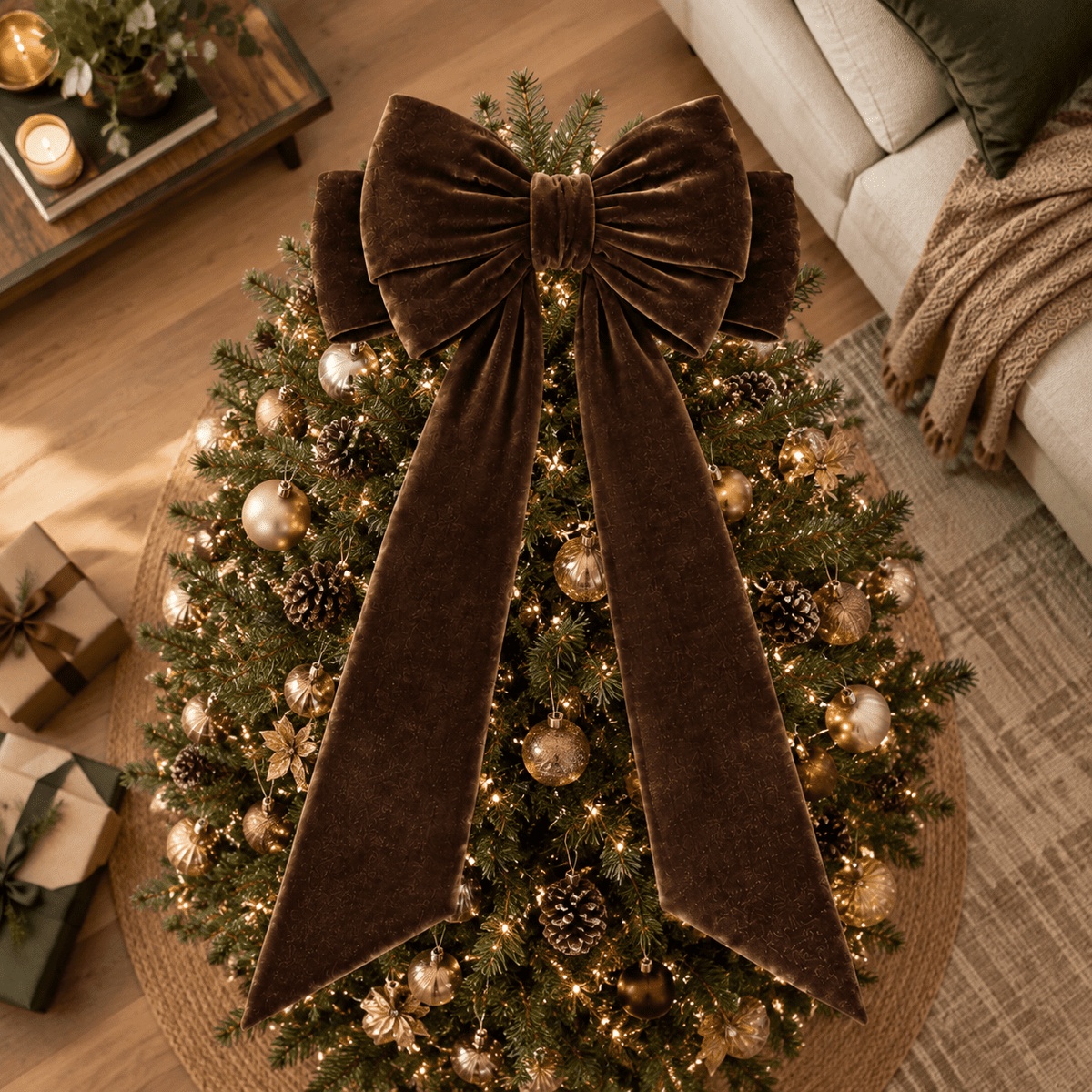 Brown Oversized Christmas Tree Topper Bow with Long Ribbon Tails