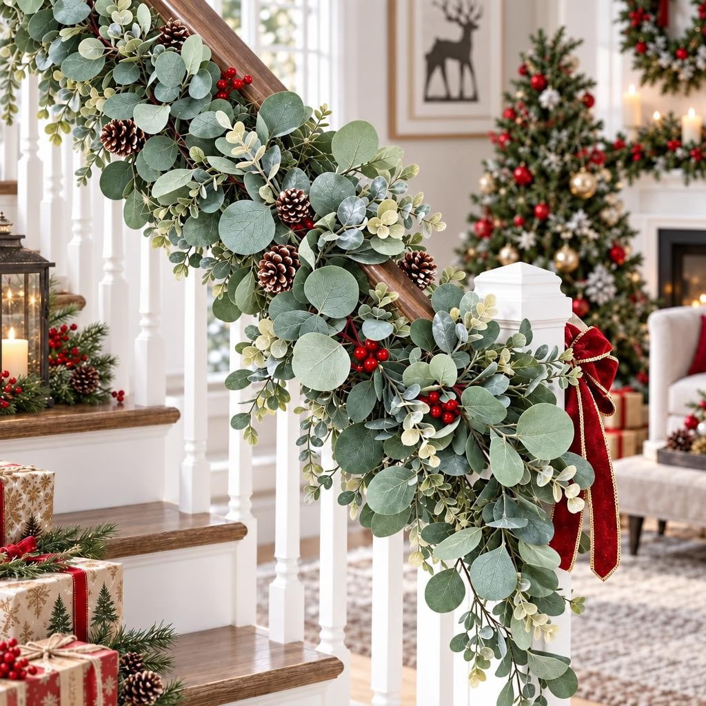 Scidweet Christmas Eucalyptus Garland, 2 Pcs 6.56 FT Artificial Greenery Garland Silver Dollar Leaves Boxwood Vines with White Buds for Home Wedding Party Table Mantle Xmas Decor