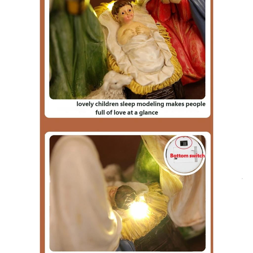 Osdhezcn Friendly Resin Nativity Set LED Light Holy Family Three Persons Christmas Decoration for Indoor Festival Ambiances