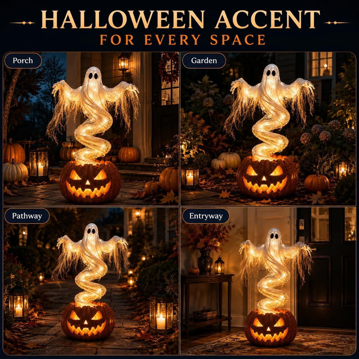 Swirling Ghost Pumpkin Yard Lamp, Outdoor Porch Decoration with Rotating Light Effect