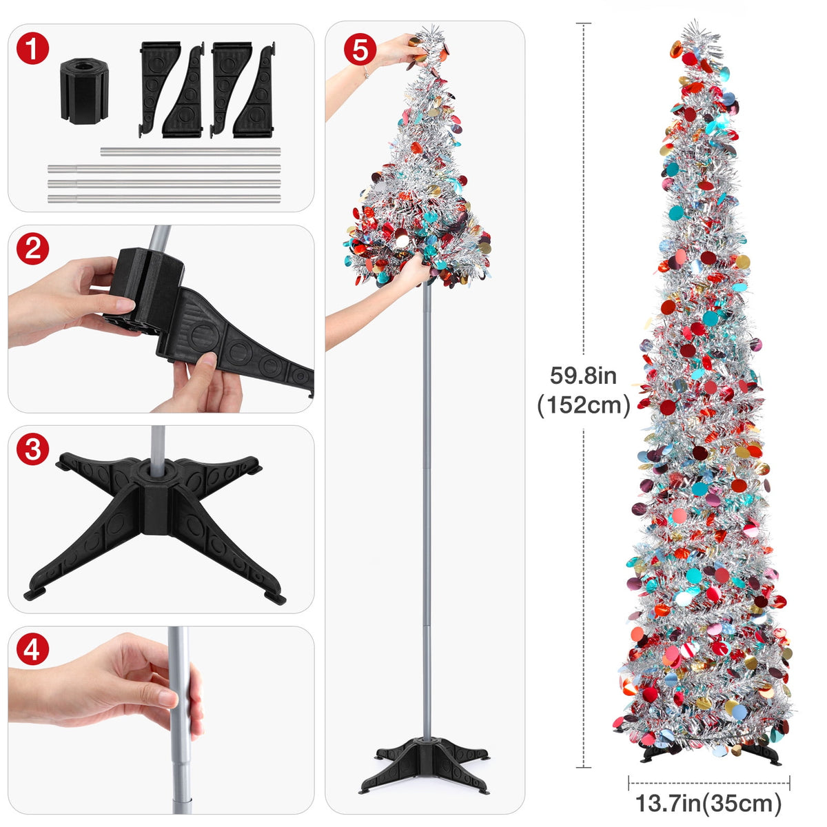 Ayieyill 5ft Pop up Christmas Tree,Color Artificial Pencil Tinsel Xmas Trees for Christmas Indoor Decorations, Collapsible Christmas Tree (Silver)