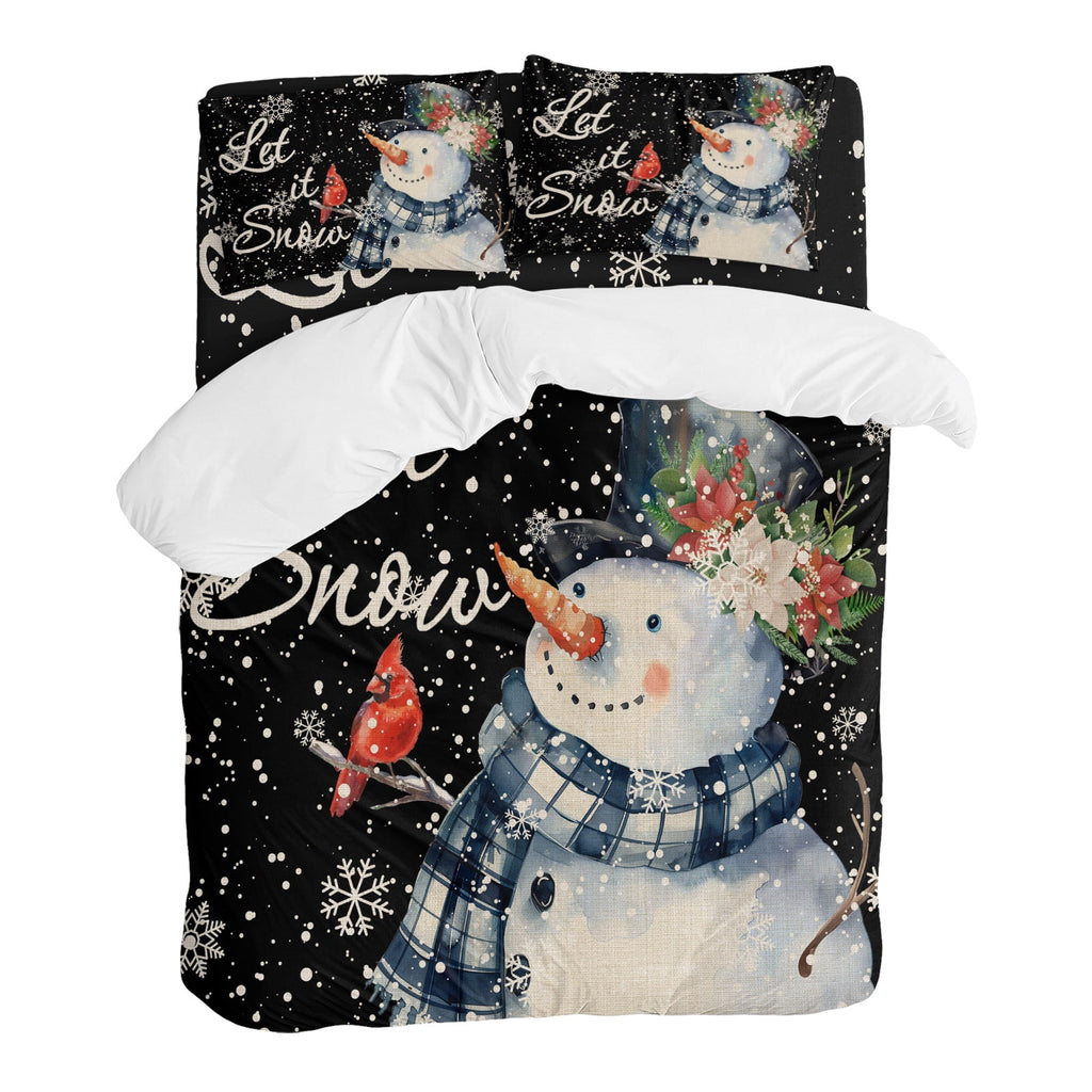 Christmas Watercolor Bedding Duvet Cover Set Queen Size 4 Pieces Snowman Snowflakes Black Vintage Bedding Set with Zipper Closure, 1 Comforter Cover 90x90 Inches 1 Flat Sheet & 2 Pillow Cases