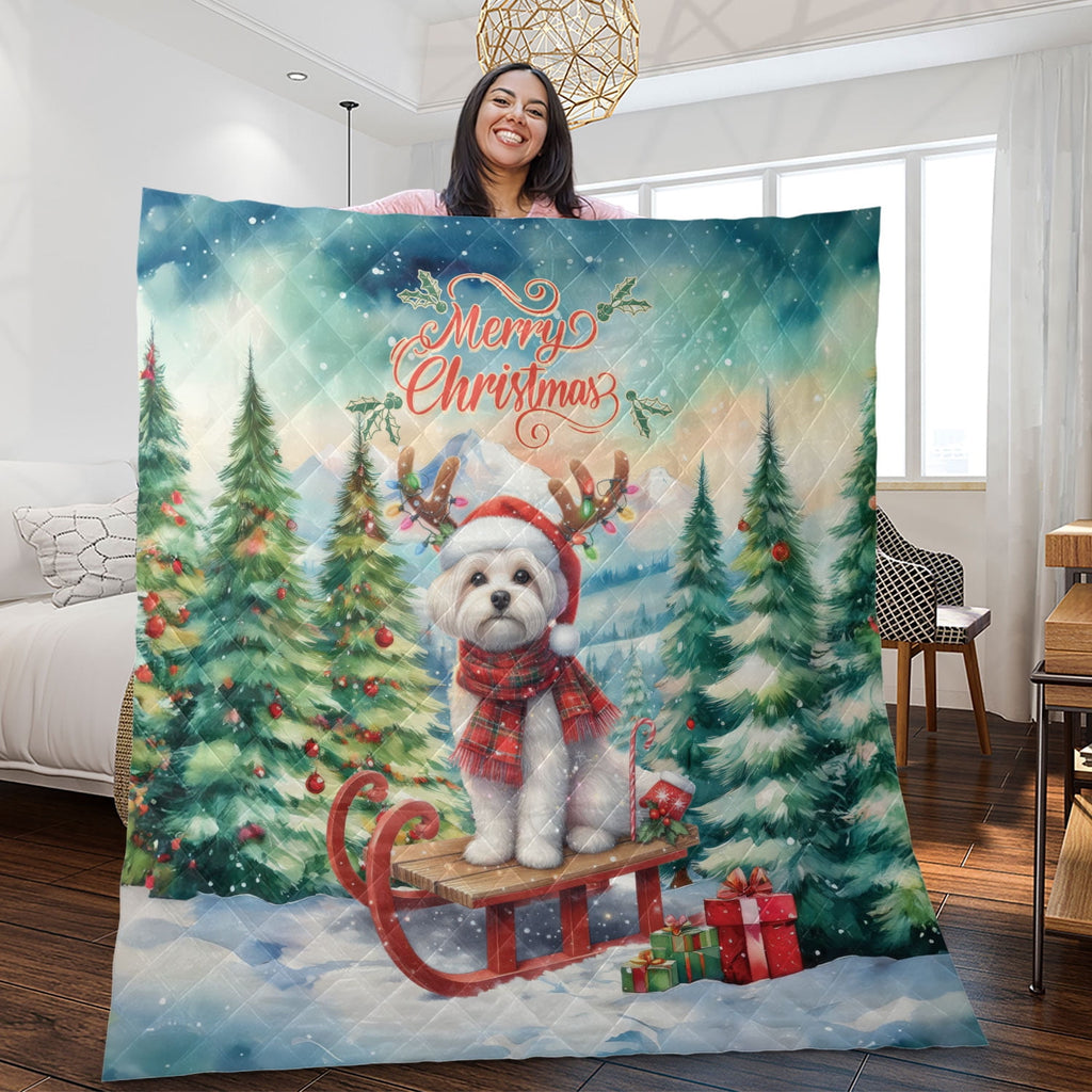 Merry Christmas Santa Reindeer Antlers French Bulldog Sleigh Xmas Winter Holiday Quilt Bedding Set Dog Lover Gifts 1 Blanket Bed Cover 2 Pillowcases - 00023