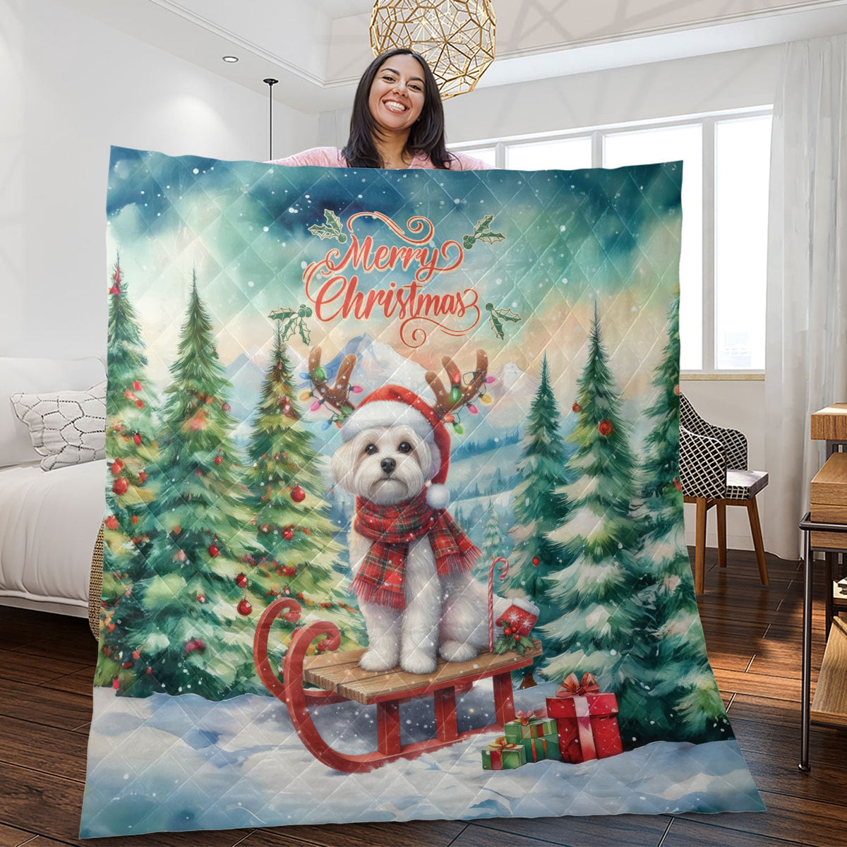 Merry Christmas Santa Reindeer Antlers French Bulldog Sleigh Xmas Winter Holiday Quilt Bedding Set Dog Lover Gifts 1 Blanket Bed Cover 2 Pillowcases - 00023