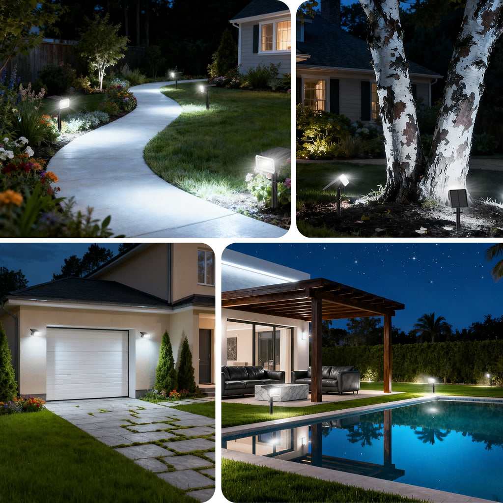 Solar Spot Lights Outdoor [4 Pack, IP65] - 100 High-Lumen LEDs, 4 Modes & 2-in-1 Design. Auto On/Off Cool White Landscape Lights for Yard, Garden, Pathway.