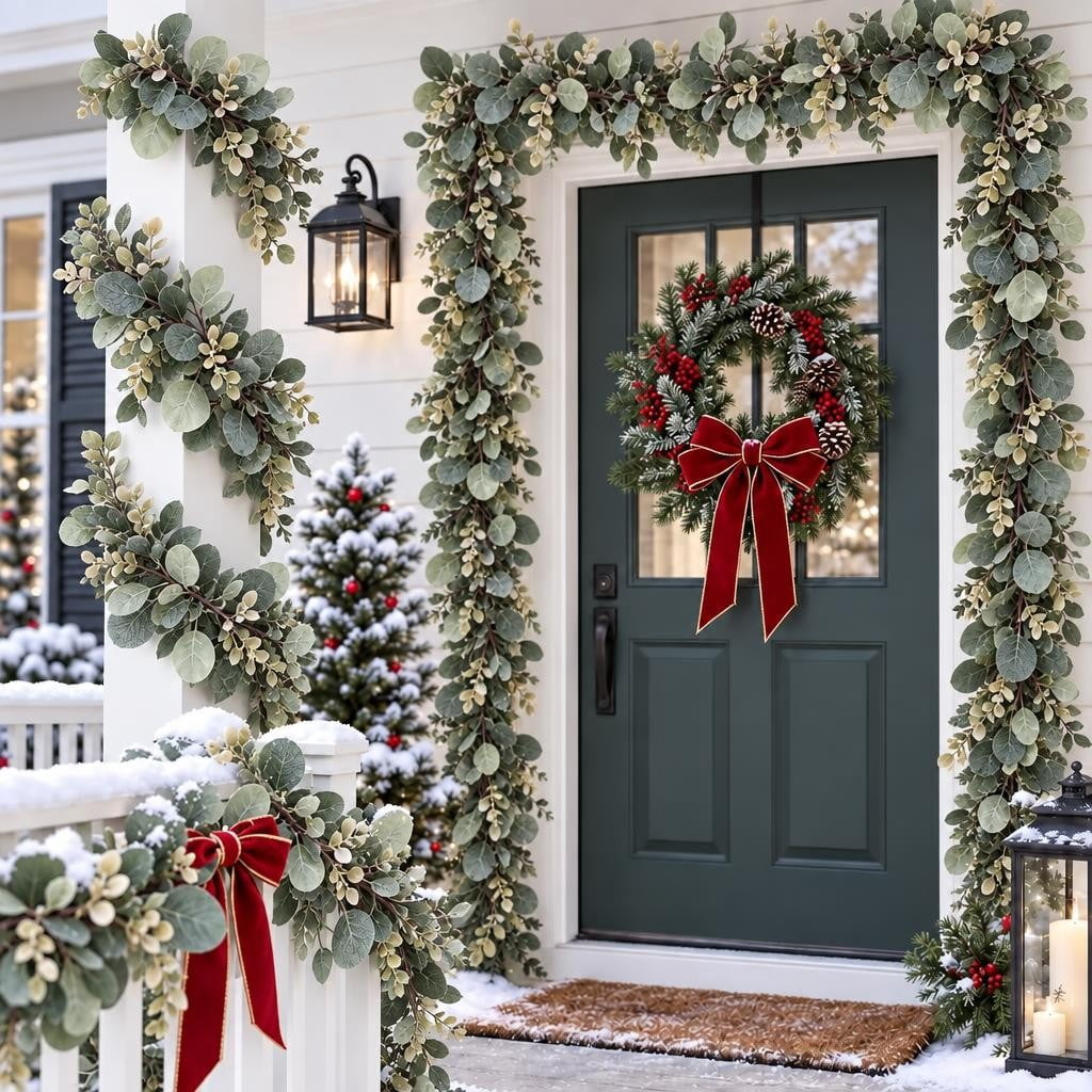 Scidweet Christmas Eucalyptus Garland, 2 Pcs 6.56 FT Artificial Greenery Garland Silver Dollar Leaves Boxwood Vines with White Buds for Home Wedding Party Table Mantle Xmas Decor