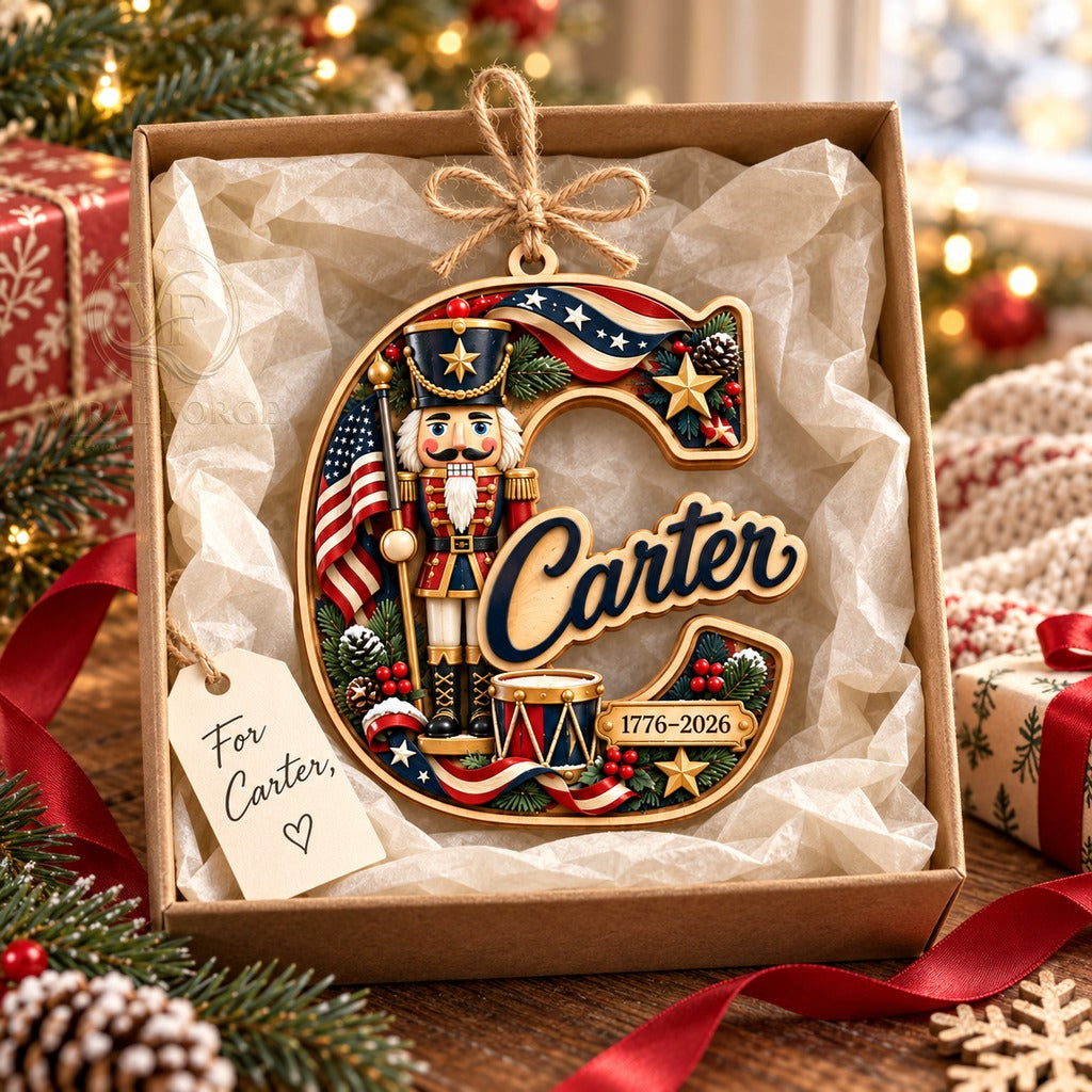 Christmas Ornament, Carter Initial C Nutcracker, 2 Layer Wood Tree Hanging, Patriotic Keepsake Gift