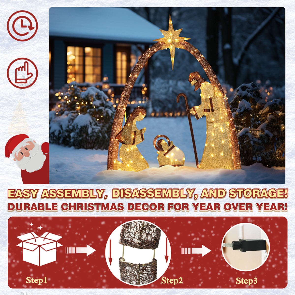VEIKOUS 5ft Lighted Nativity Scene Christmas Decor Outdoor w/ 150 LED Lights, Holy Family Holiday Yard Decor Set ,White