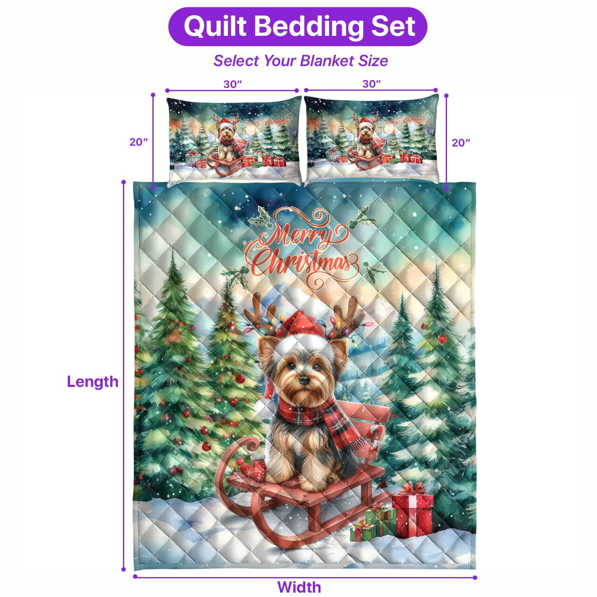 Merry Christmas Santa Reindeer Antlers French Bulldog Sleigh Xmas Winter Holiday Quilt Bedding Set Dog Lover Gifts 1 Blanket Bed Cover 2 Pillowcases - 00023