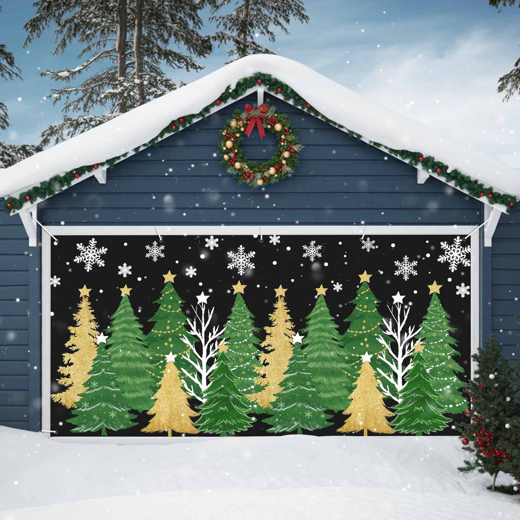 Fsddascl 7 x 16 Ft Christmas Garage Door Cover, Black Christmas Tree Large Garage Door Banner, Xmas Snowflake Green Golden Hanging Garage Mural Background for Indoor Outdoor Xmas Party Supplies