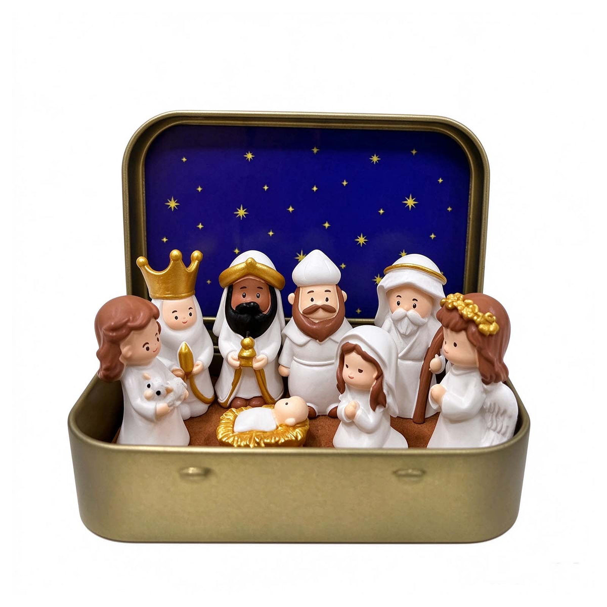 Mini Nativity in a Tin Box - 4.53" Nativity Scene Set with Holy Family Figurines, Portable Pocket Size Religious Christmas Decor Gift for Family, Gift Ideas