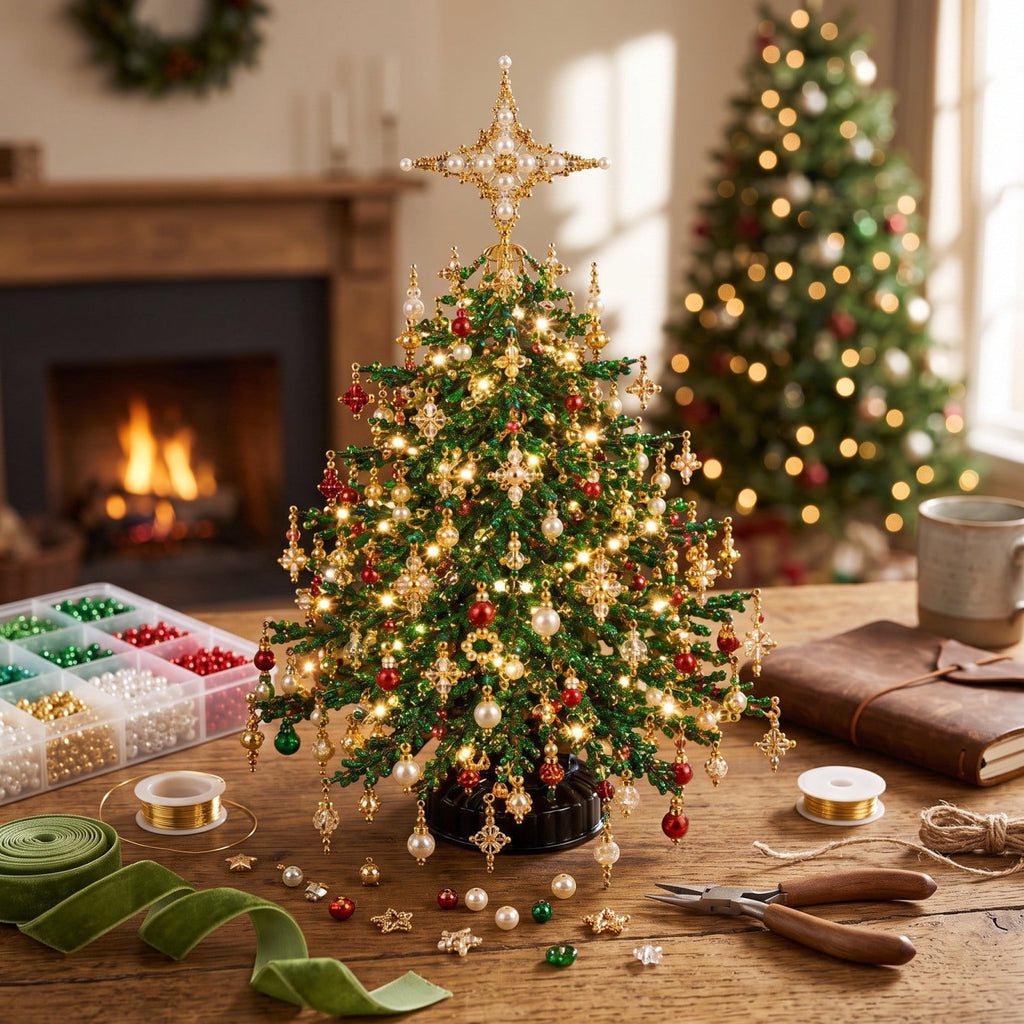 DIY Beaded Christmas Tree Kit - Handmade Mini Tabletop Xmas Tree with Santa Topper, Built-In Warm Lights, Holiday Decor Craft Gift for Adults