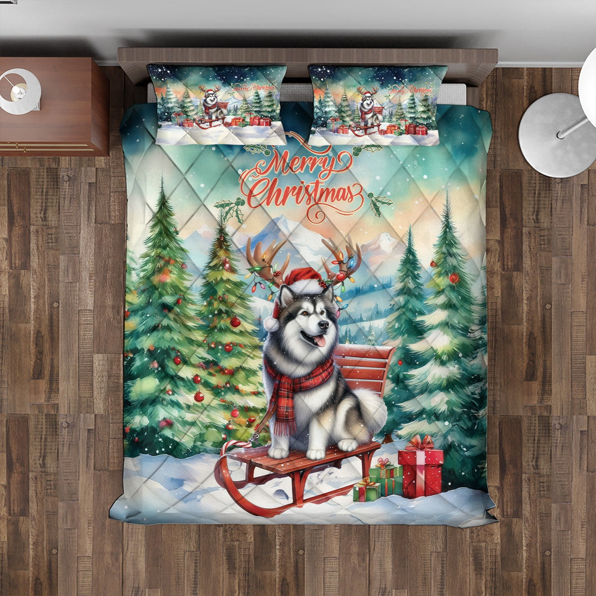 Merry Christmas Santa Reindeer Antlers French Bulldog Sleigh Xmas Winter Holiday Quilt Bedding Set Dog Lover Gifts 1 Blanket Bed Cover 2 Pillowcases - 00023