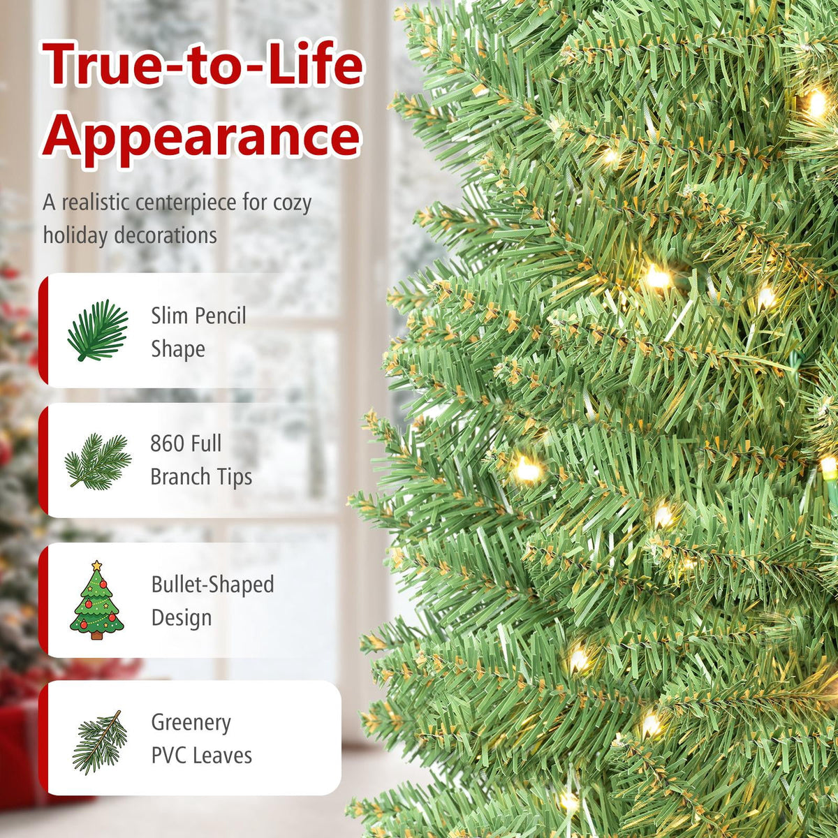 Costway 6 FT Pencil Christmas Tree Pre-Lit Folding Metal Stand Green