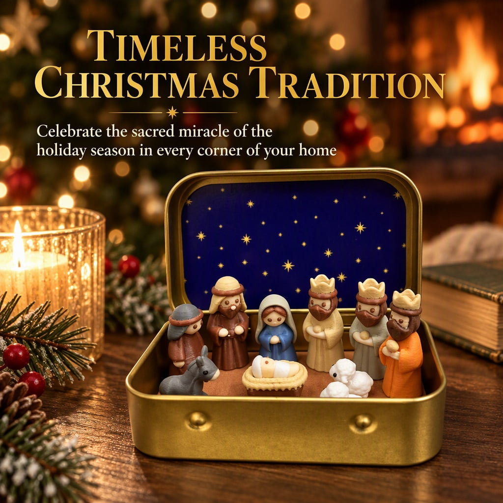 Mini Christmas Nativity Set in a Tin Box – Pocket Size Religious Scene with Handcrafted Resin Figures, Portable Display Case for Desk & Shelf