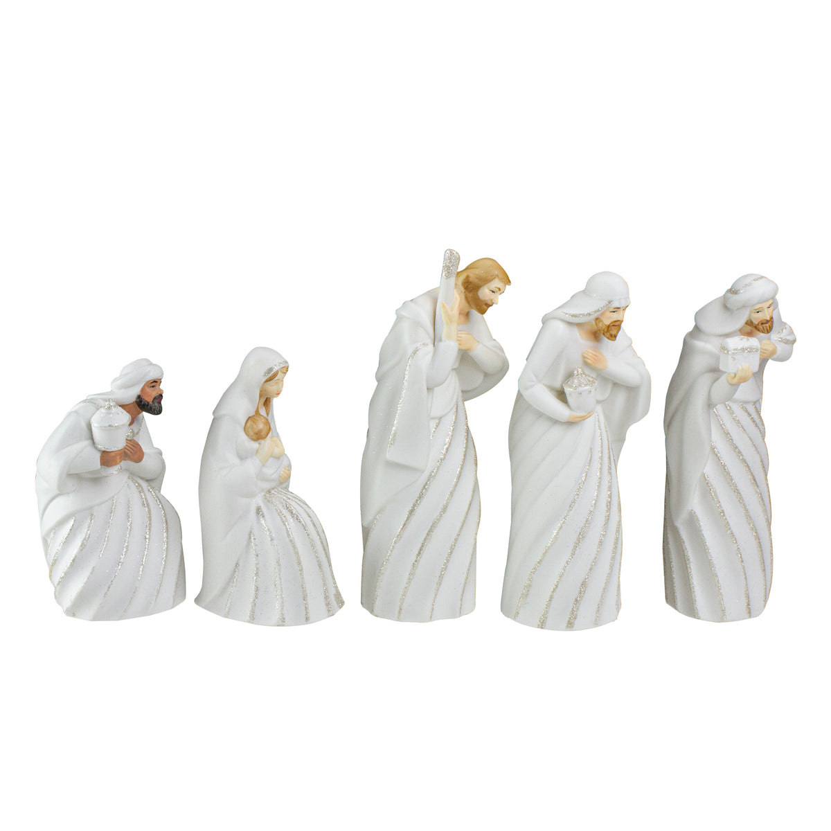 5pc White and Silver Holy Family with Men Christmas Nativity Figure Set 7.25"