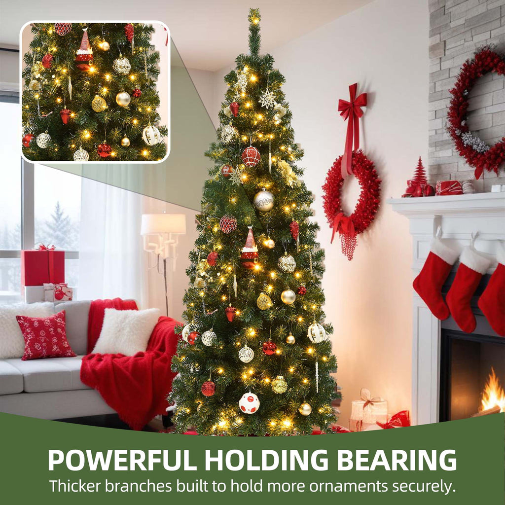 Uforic 7.5ft Pre-lit Artificial Pencil Christmas Tree with 1000 Branch Tips & 350 Lights, Remote Control, 11 Light Modes, Green