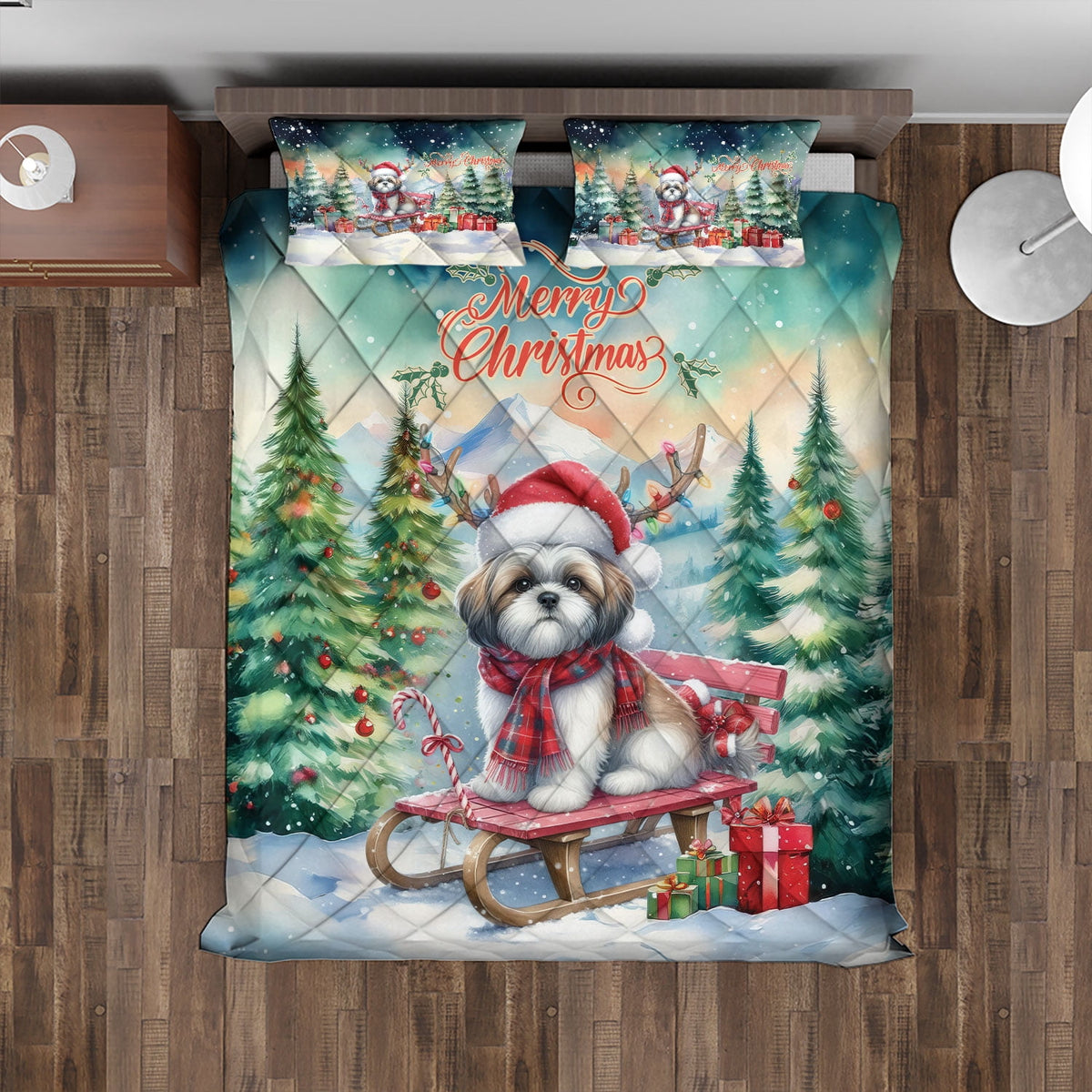 Merry Christmas Santa Reindeer Antlers French Bulldog Sleigh Xmas Winter Holiday Quilt Bedding Set Dog Lover Gifts 1 Blanket Bed Cover 2 Pillowcases - 00023