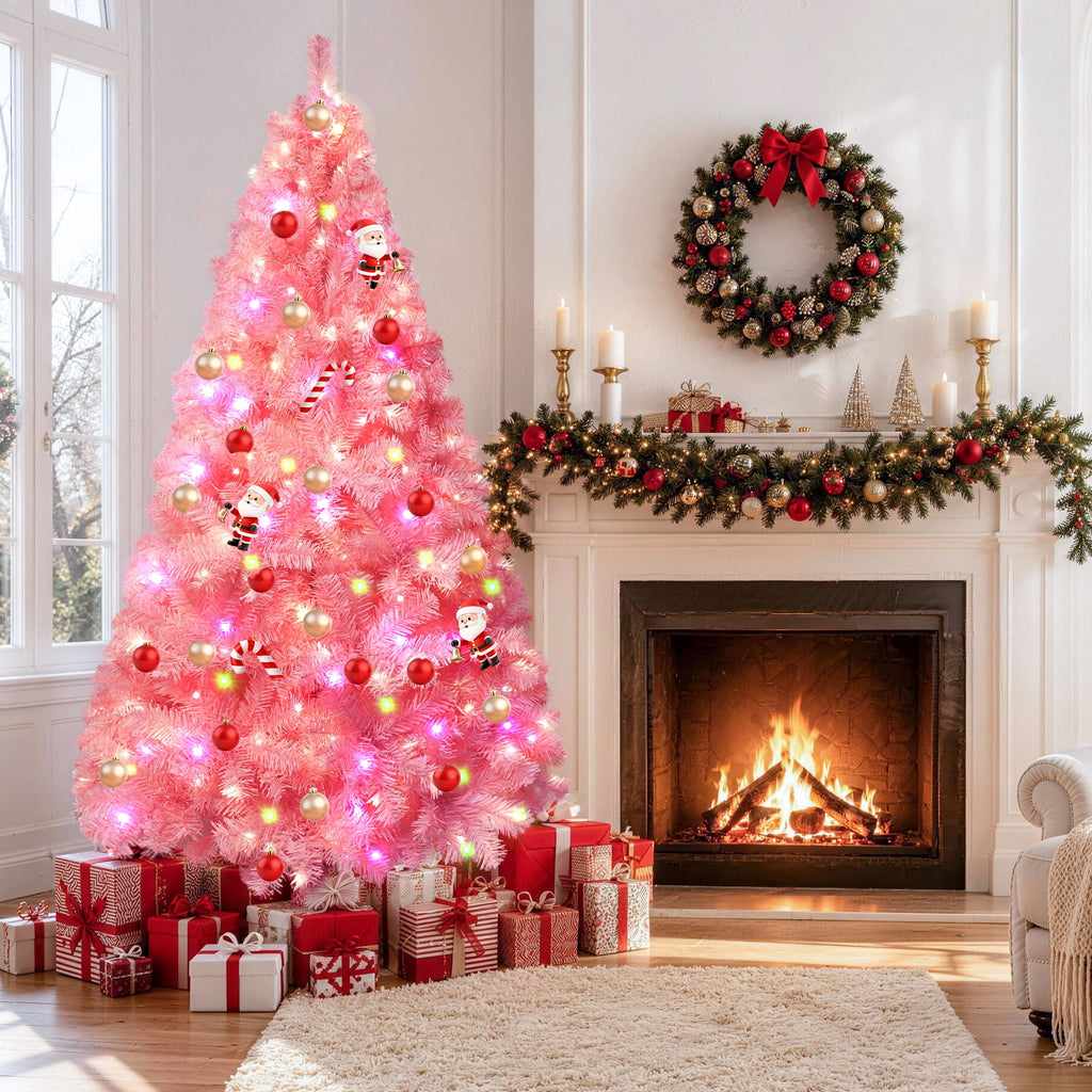Yexmas 6ft Pre-Lit Pink Christmas Tree,Artificial Christmas Tree with 1000 PVC Branches,300 Multicolor Lights,Metal Hinges,Xmas Tree for Home,Holiday Party Decorations