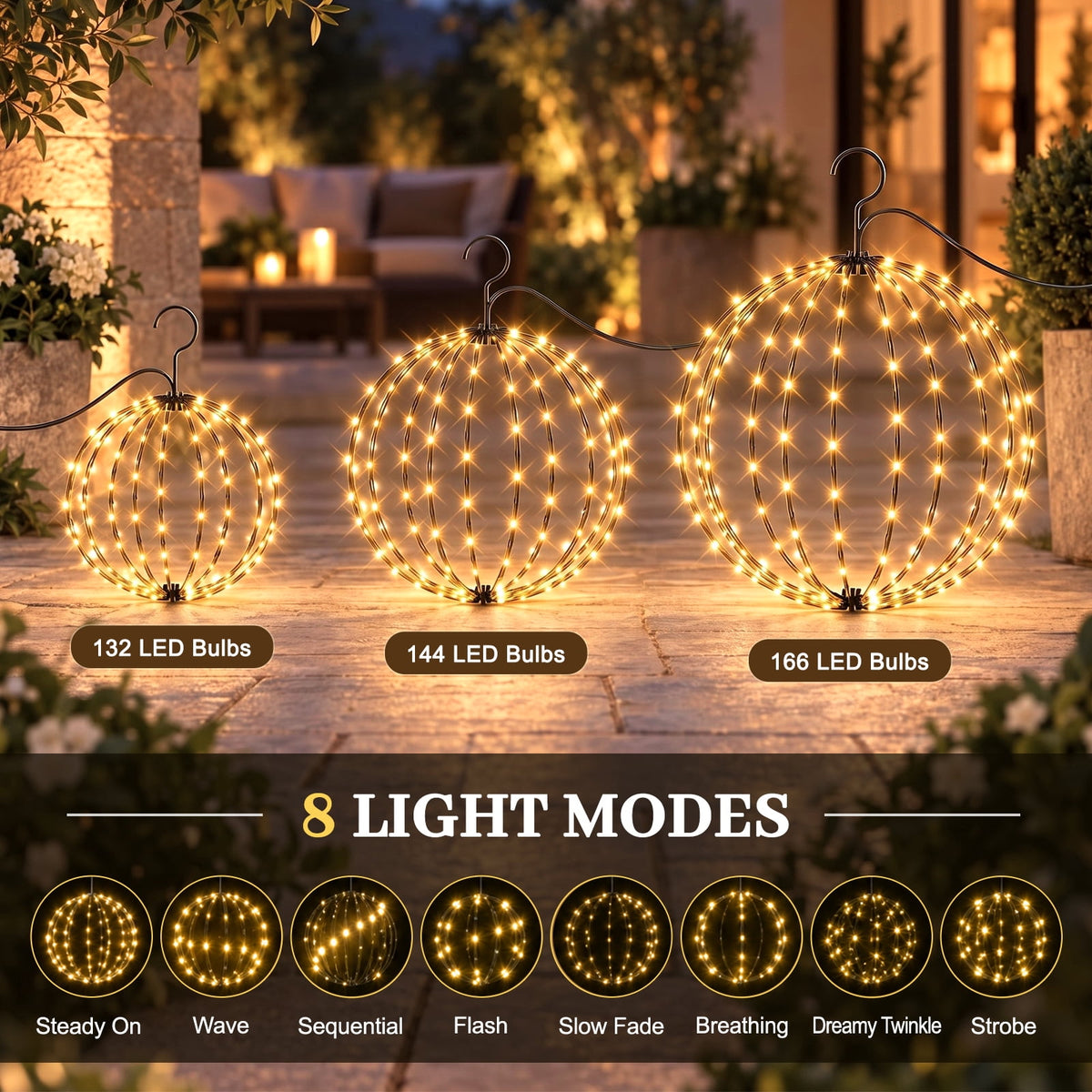 ABORON Christmas Decoration Ball Lights, Pre-Lit Hanging Foldable Xmas Light Ball with 8 Lighting Modes for Outdoor Holiday Lights Decor -16.5" 3 Pk
