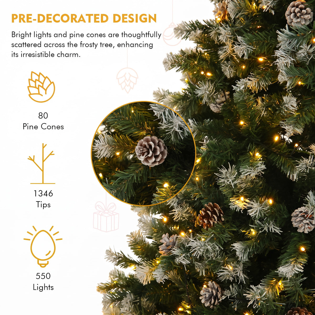 Legooin 6FT Pre-lit Christmas Tree Flocked Artificial Xmas Tree with 800 Branch Tips, 300 LED Lights, 51 Pinecones, for Christmas Holiday Decor, Green