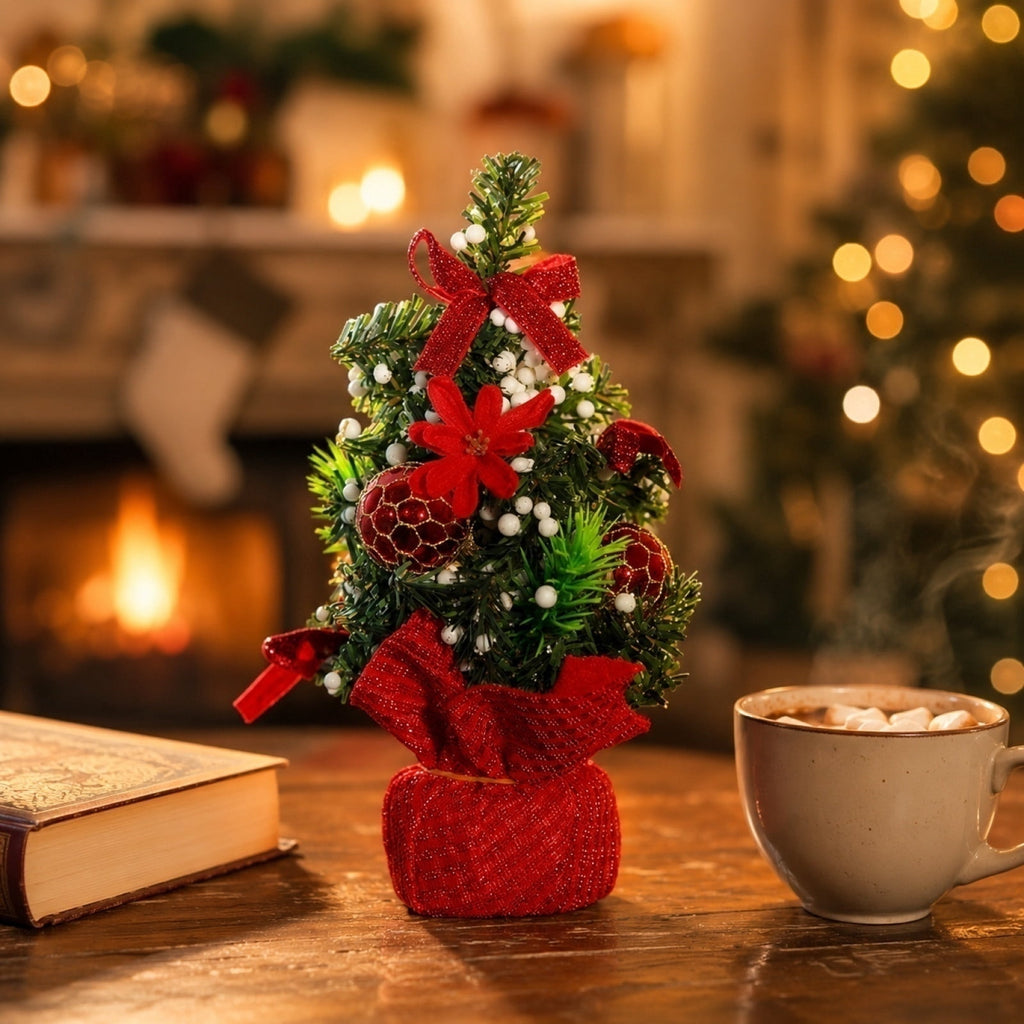 Surpdew Mini Christmas Tree Table Top Decorations- 9" Artificial Small Pine Trees with Burlap Base on Desktop, Shelves, Bedroom, Miniature Scenes Xmas for Home, Office, Party Decor