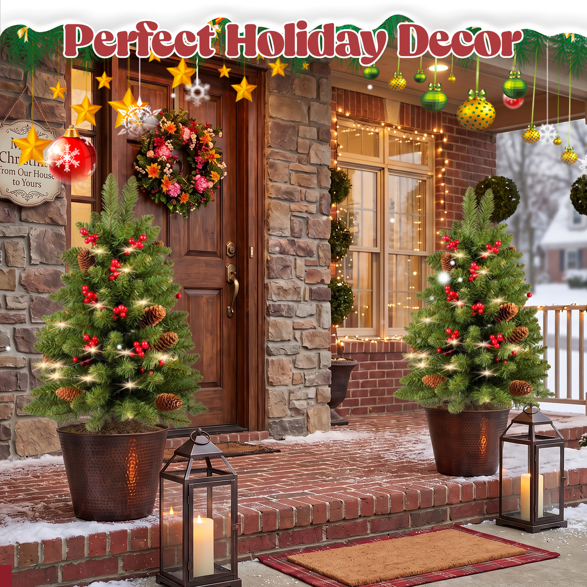 2 Pack 30 inch Prelit Outdoor Pathway Christmas Tree, Artificial Small Xmas Tree with Dual Color Berries & Balls, 30 Battery Operated Warm Lights for Holiday New Year Winter Patio Driveway Yard Lawn