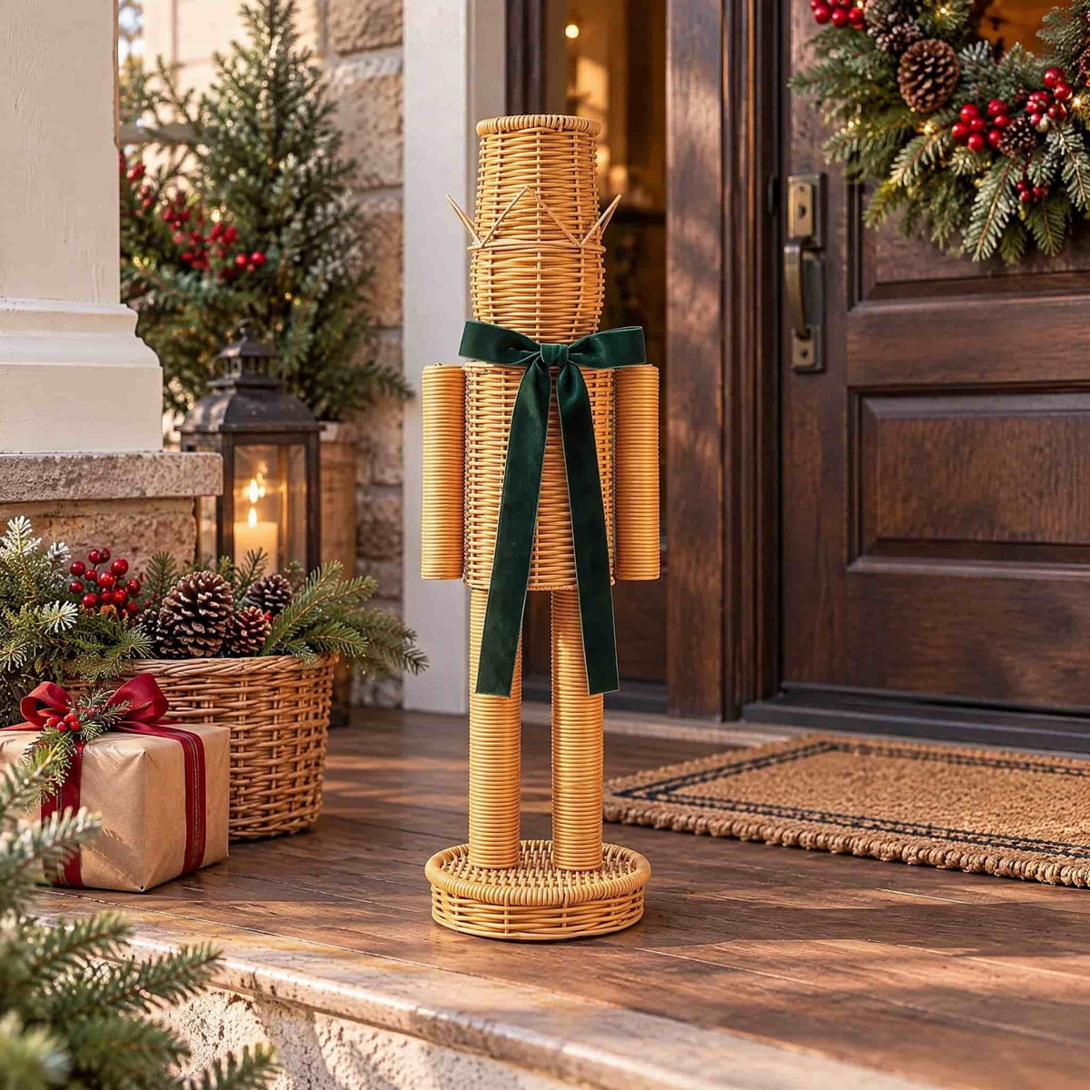 HomeKingdee Rattan Nutcracker With Velvet Bow Christmas Nutcracker Soldier Decor For Entryway Mantel Shelf 15.74 Inch Resin Brown