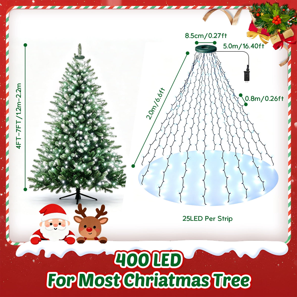 Christmas Tree Lights with Ring, 400 LED Cool White Tree Ring Light, 16 Strands 6.6FT Cascade with Remote & Timer for Indoor Xmas Tree Decor