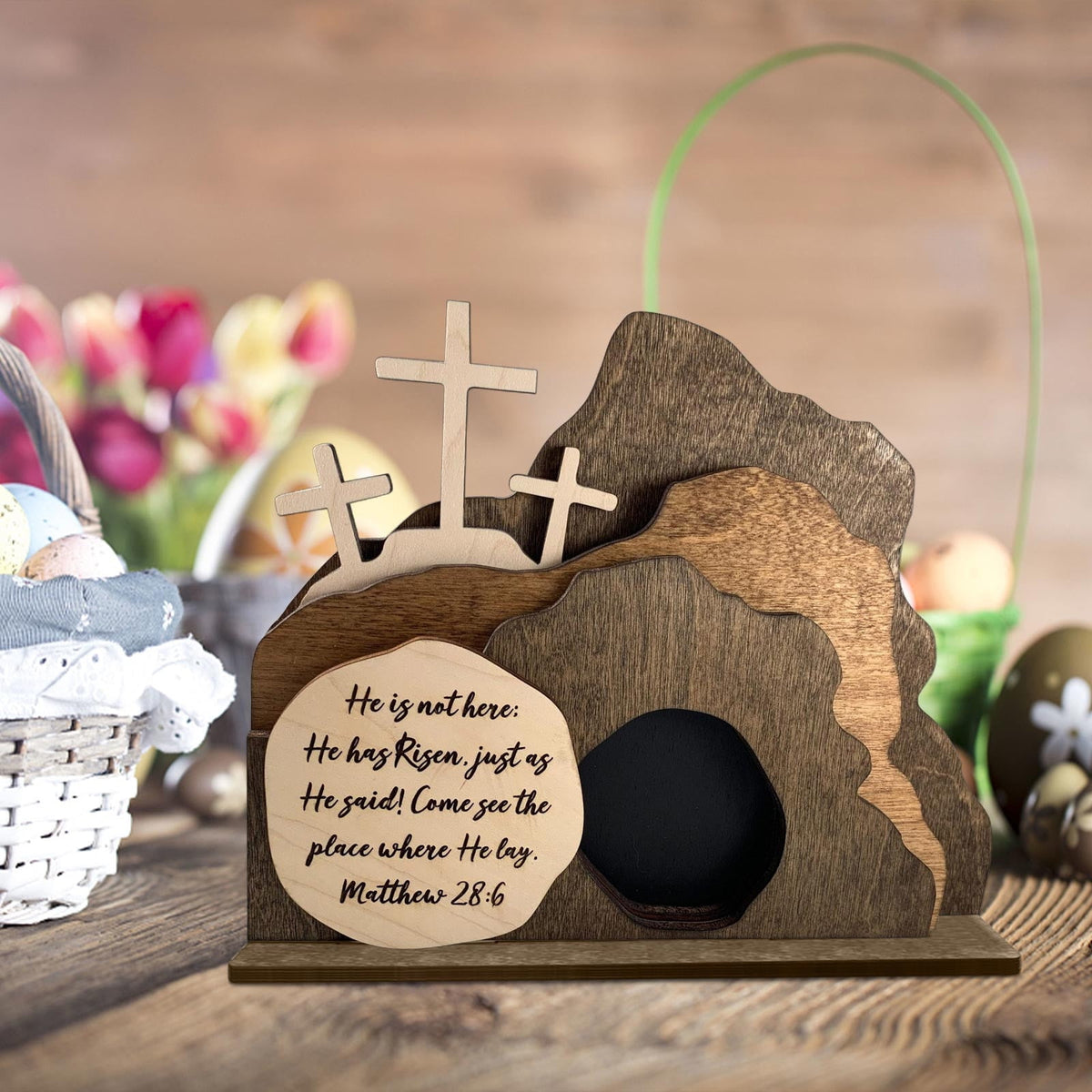 Hvmvliv Wooden Nativity Scene Decor Desktop Christmas Decorations Wooden Easter Resurrection Scene for Home Office Decoration Brown