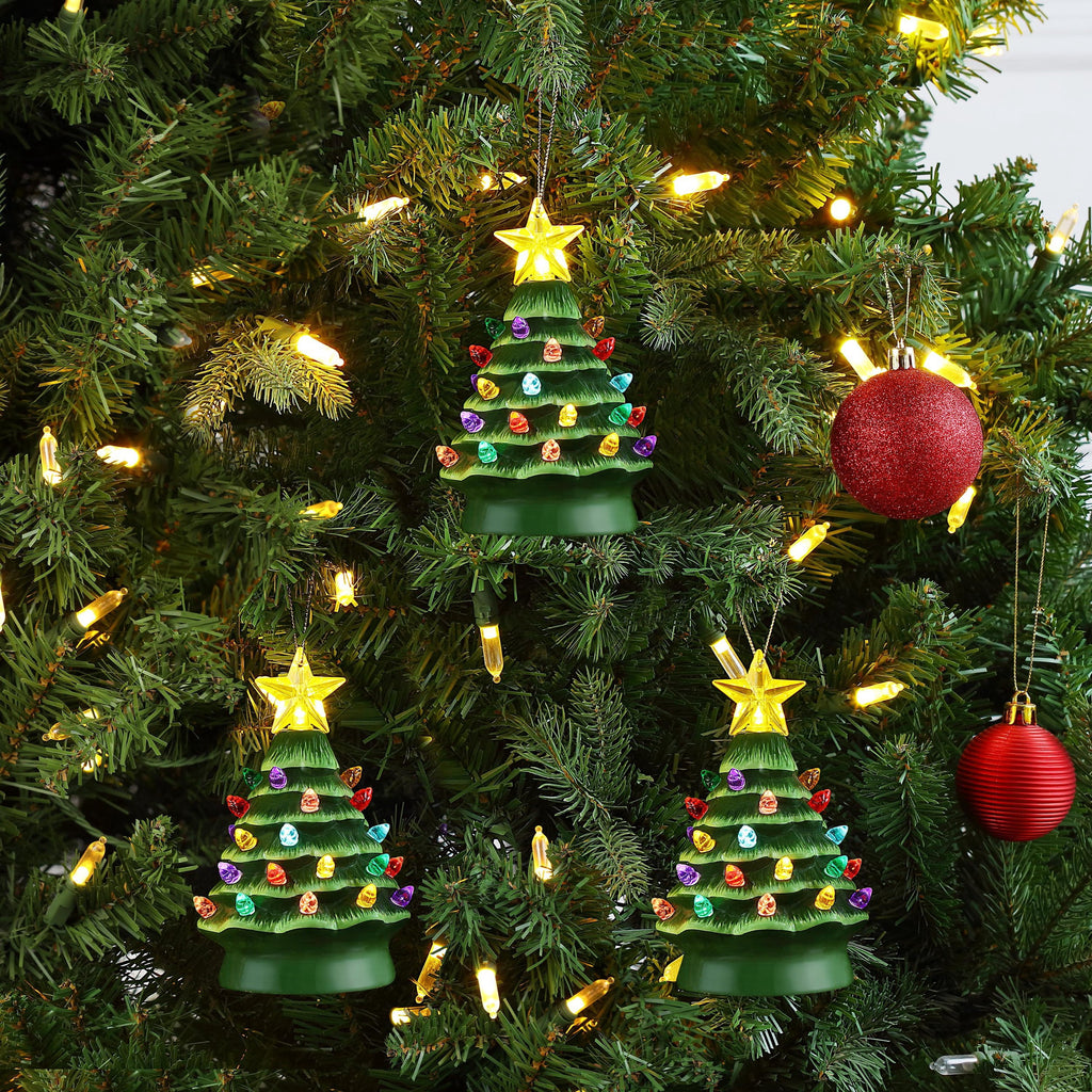 Mr. Christmas 5.25-Inch Nostalgic Tabletop Christmas Trees, Set of 3, White, LED Lights