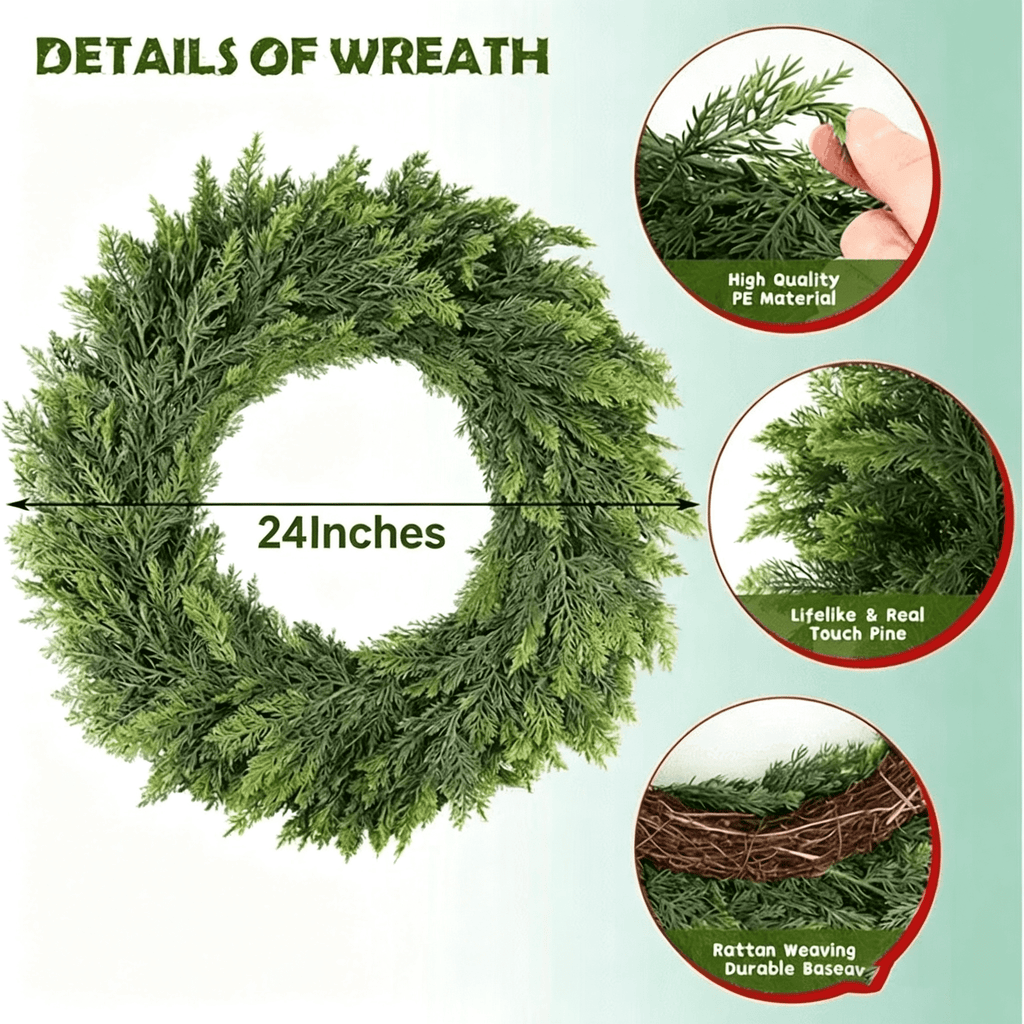 24 Inch Christmas Pine Cypress Wreath - Christmas Wreaths for Front Door, Real Touch Artificial Green Faux Xmas Wreaths for Home Indoor Outdoor Decor