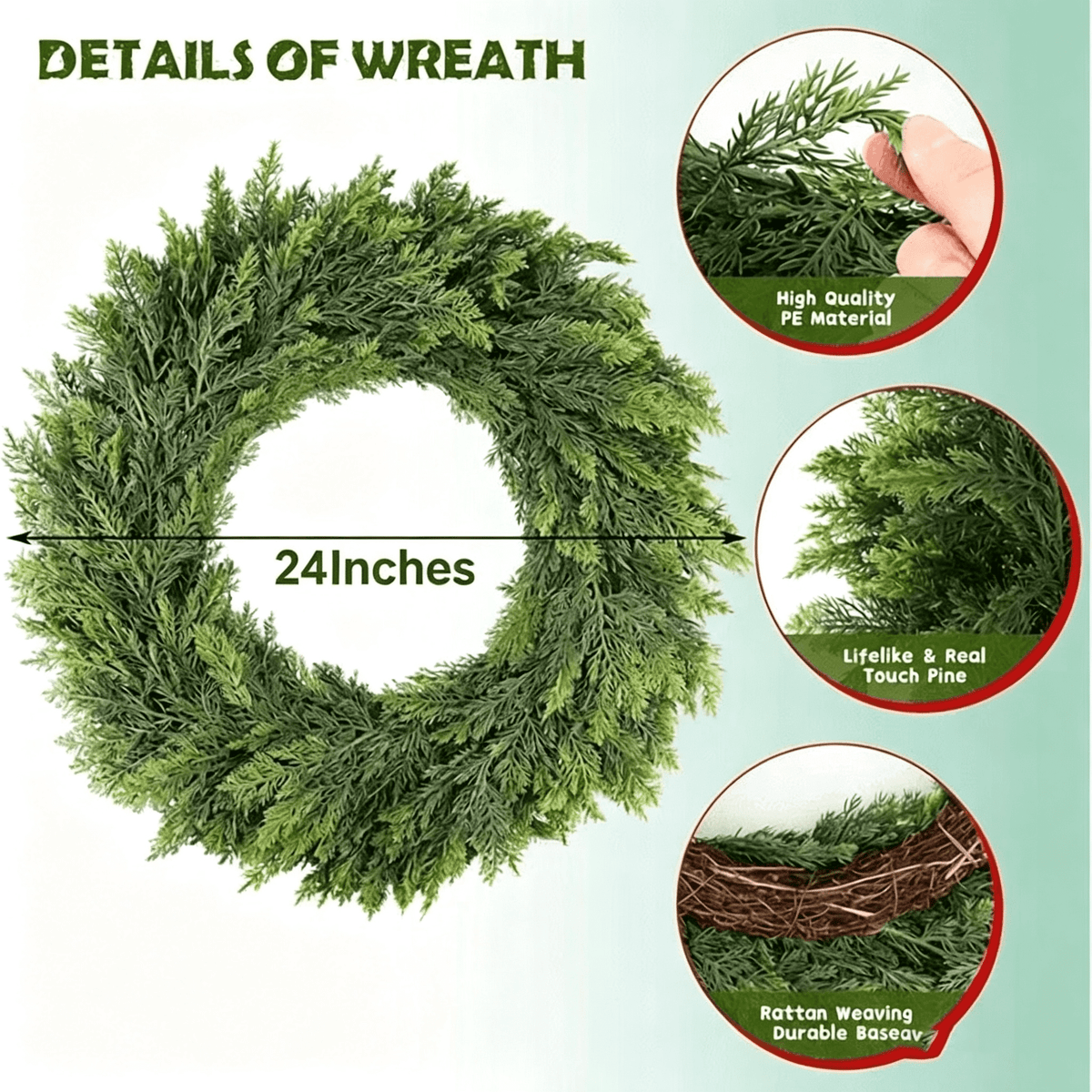 24 Inch Christmas Pine Cypress Wreath - Christmas Wreaths for Front Door, Real Touch Artificial Green Faux Xmas Wreaths for Home Indoor Outdoor Decor
