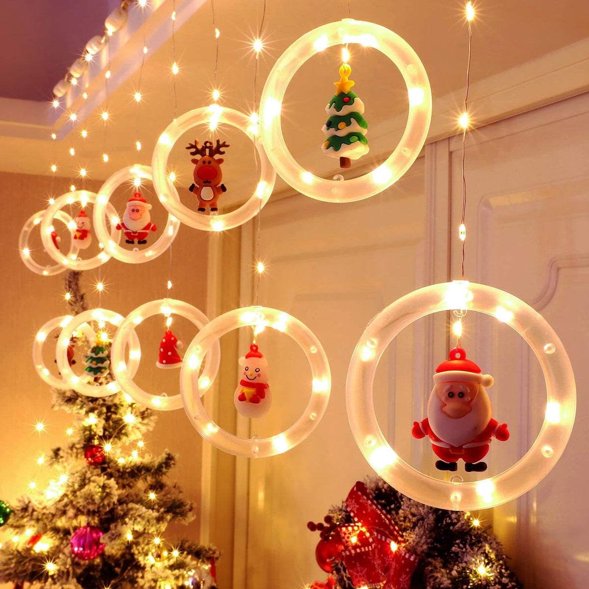 WILLED Christmas String Lights, 120 LED Window Curtain Lights with Christmas Ornaments, 9.8ft USB Powered Warm White Waterproof Fairy Lights Indoor Outdoor for Xmas Tree Patio Garden Party Home Decor