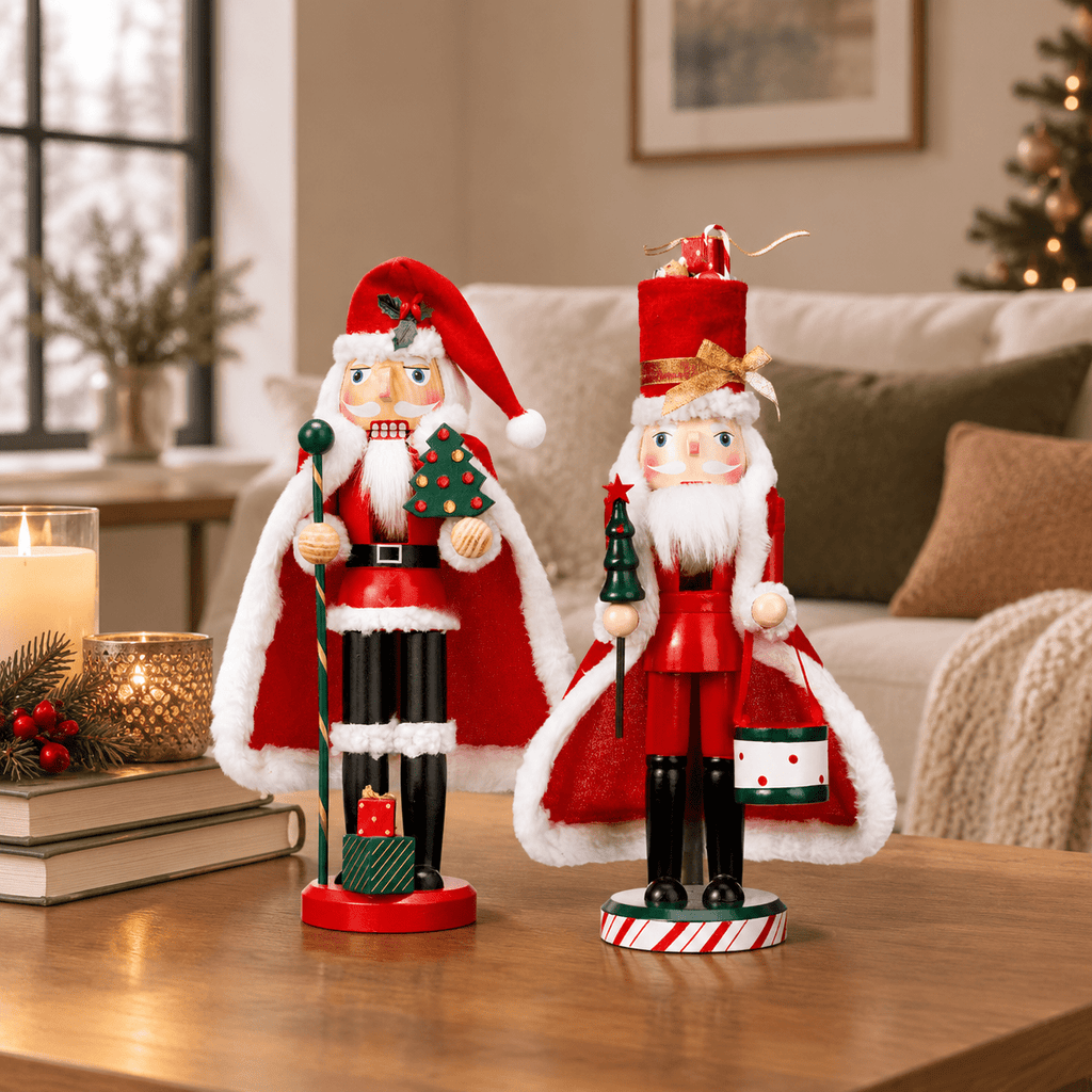 14 Inch Wooden Santa Nutcracker Figures, Set of 2, Red Green White Christmas Decor