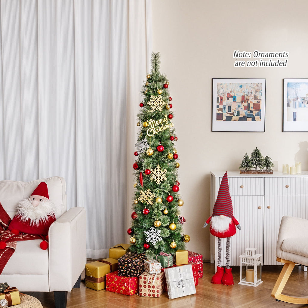 Costway 7 FT Pre-Lit Pencil Artificial Christmas Tree with 150 LED Warm White Lights,8 Modes