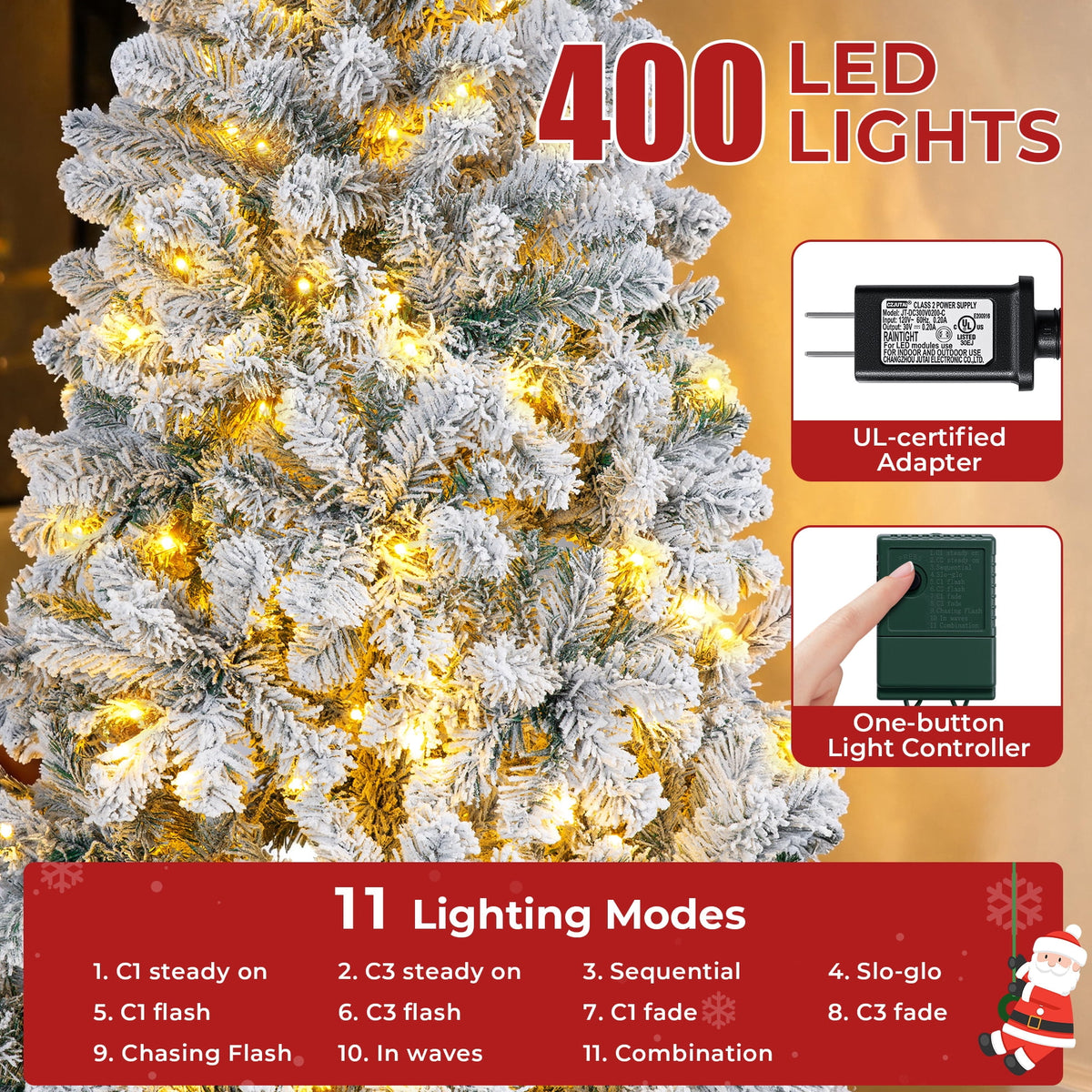 Firstness 7.5ft Pre-Lit Artificial Christmas Tree with 1400 Branches,11 lighting Mode Snow Flocked Xmas Tree with Storage Bag