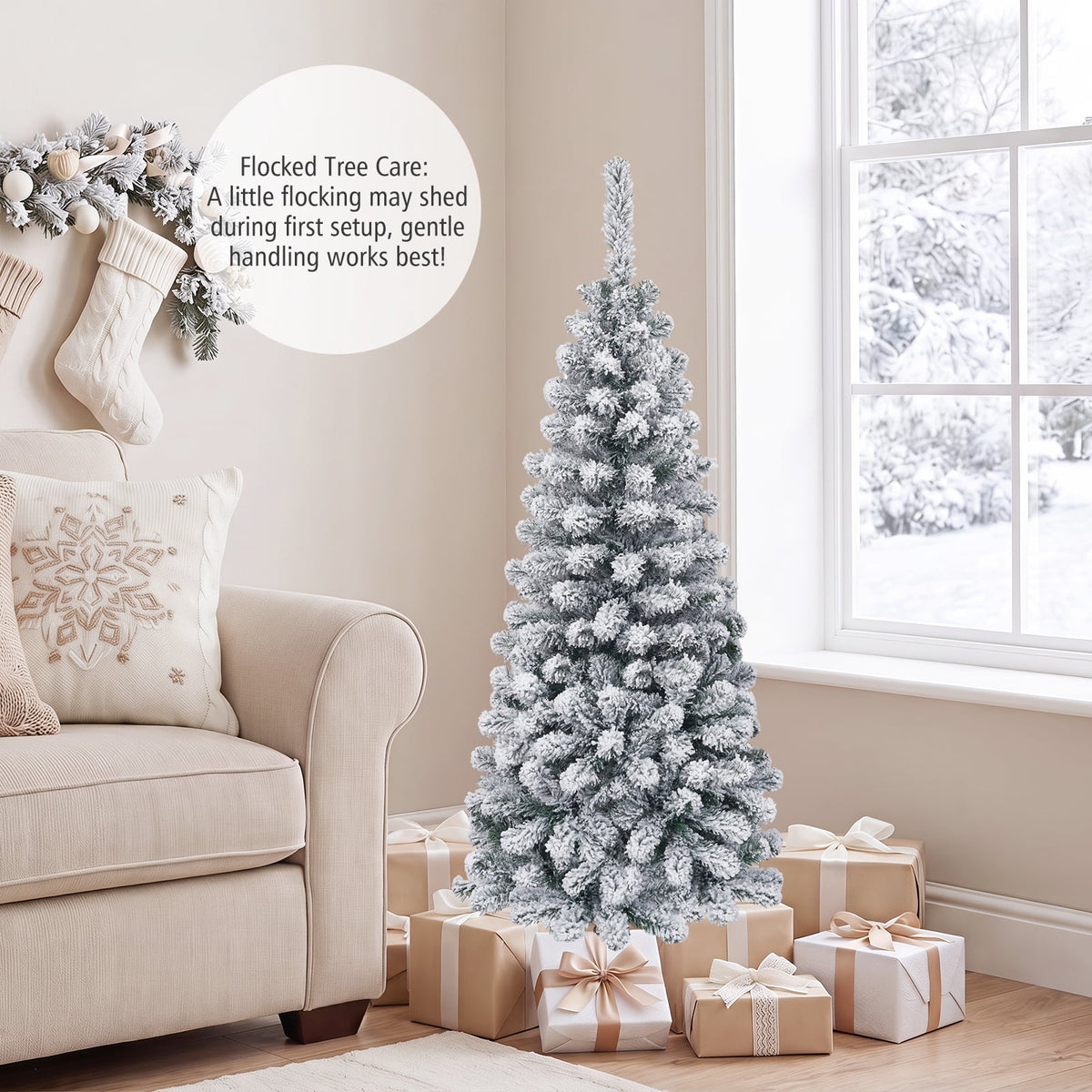 Costway 4.5 FT Unlit Flocked Pencil Christmas Tree Hinged with 242 Branch Tips