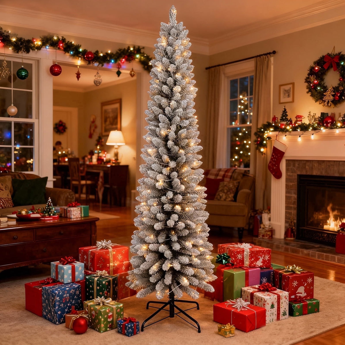 Bringstar 6FT Pre-Lit Pencil Christmas Tree,Green Artificial Xmas Trees, 150 LED Warm White Lights