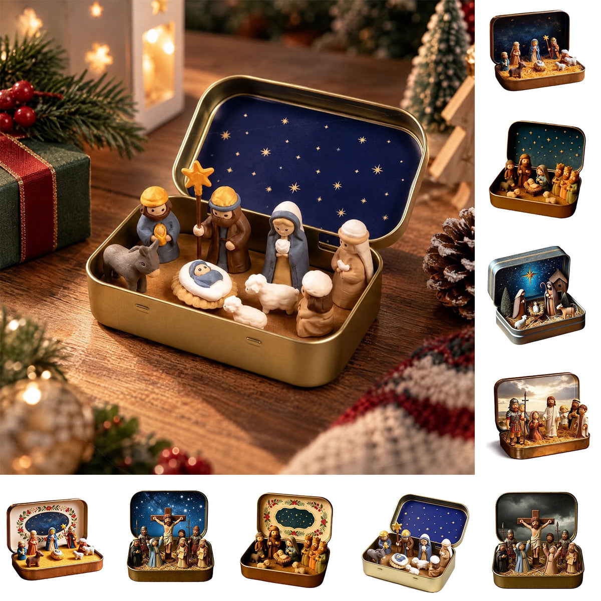 Daghihgewr Mini Christmas Nativity Set Tabletop Tin Box Multicolor Indoor Religious Ornament 1-Count 3.9 x 2.8 x 1.2 Inch