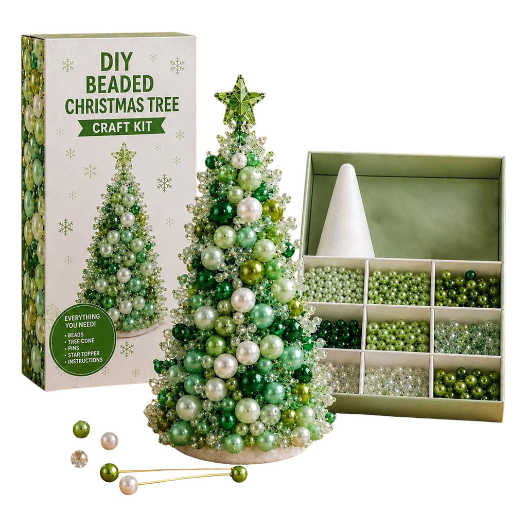 DIY Beaded Christmas Tree Kit - Handmade Mini Tabletop Xmas Tree with Santa Topper, Built-In Warm Lights, Holiday Decor Craft Gift for Adults