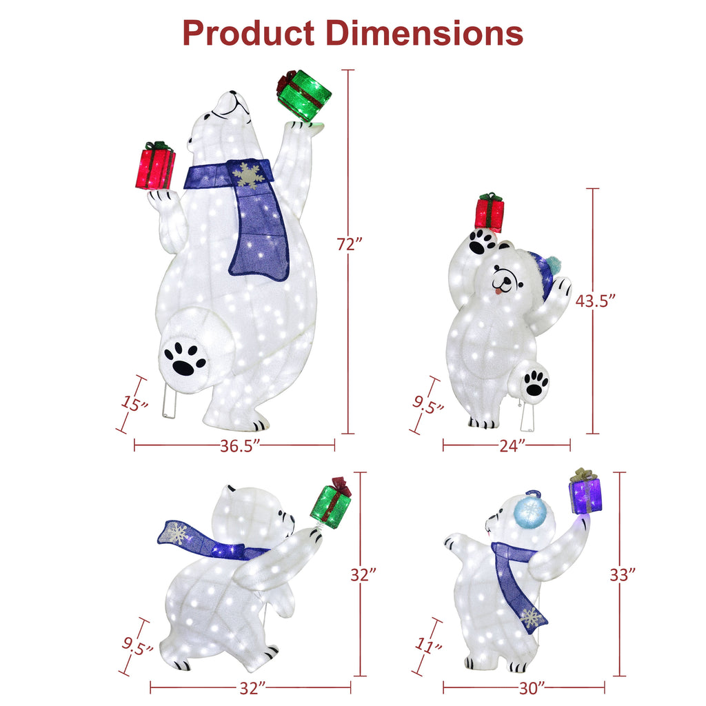 Set of 4 Pre-Lit Bear Family Christmas Holiday Décor with 450 Cool White Twinkling LED Lights